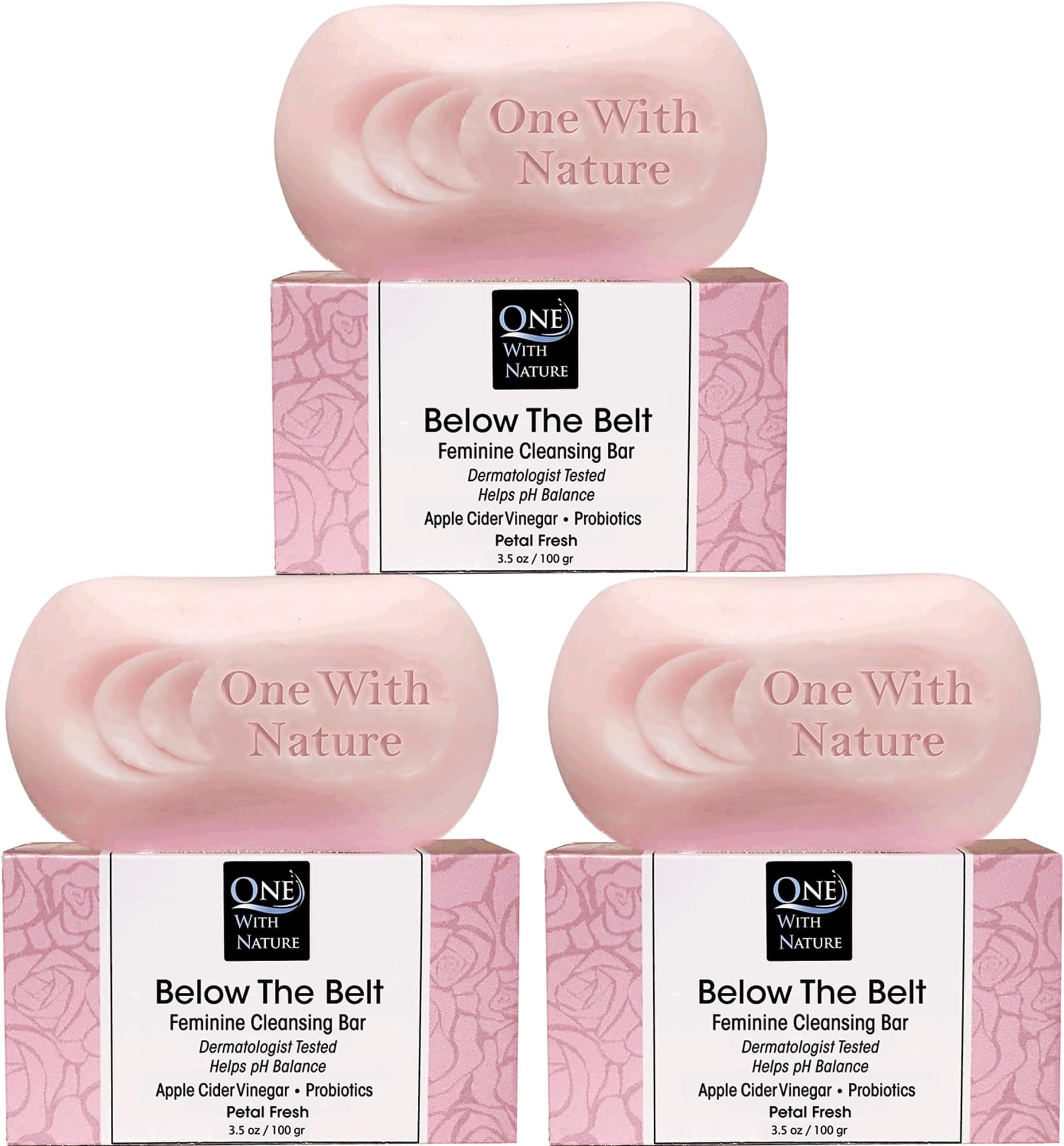 One With Nature Feminine Cleansing Below The Belt Bar, Rose Petal Fresh 3.5oz Bar 3Pack, Dermatologist Tested, Probiotics, Apple Cider Vinegar, Omega Fatty Acids, Oatmeal