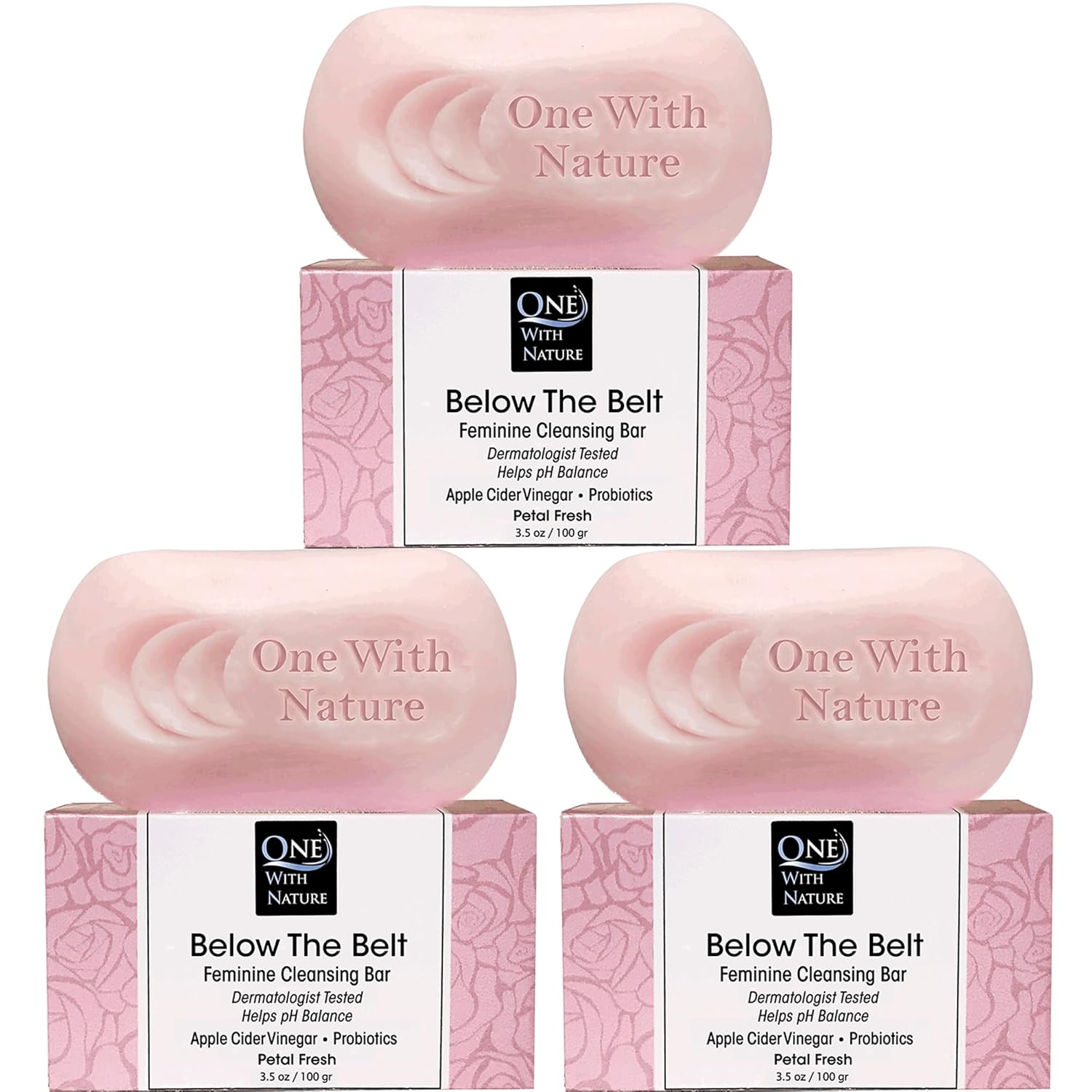 One With Nature Feminine Cleansing Below The Belt Bar, Rose Petal Fresh 3.5oz Bar 3Pack, Dermatologist Tested, Probiotics, Apple Cider Vinegar, Omega Fatty Acids, Oatmeal