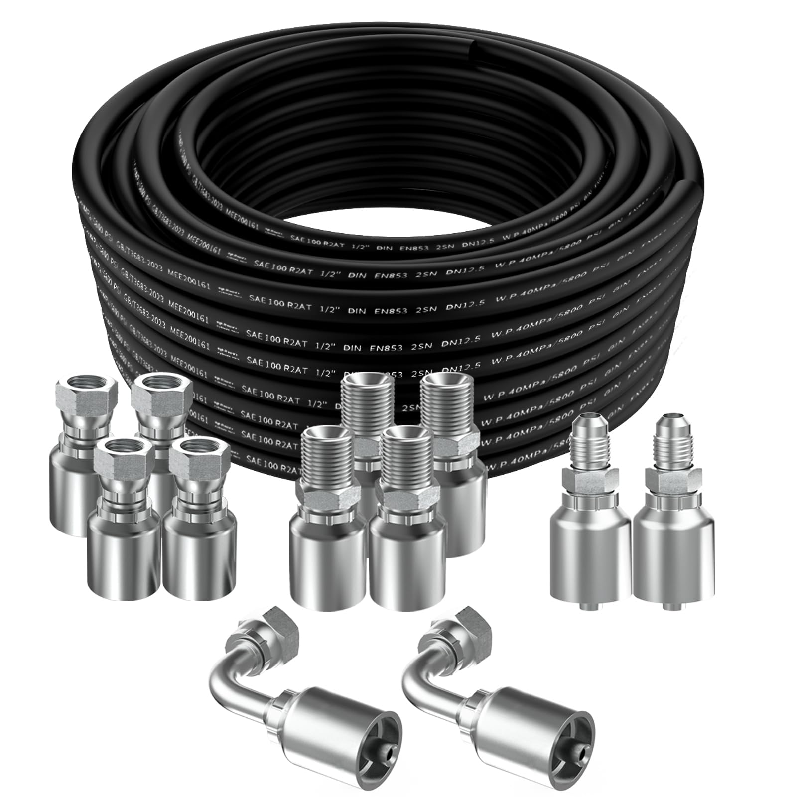 30Ft 1/2 Hydraulic Hose with 12Pcs 1/2" NPTF Male &amp; 1/2inch JIC 37° Female &amp; Male &amp; Female 90° Elbow Hydraulic Hose Fittings W.P.40MPa / 5800PSI