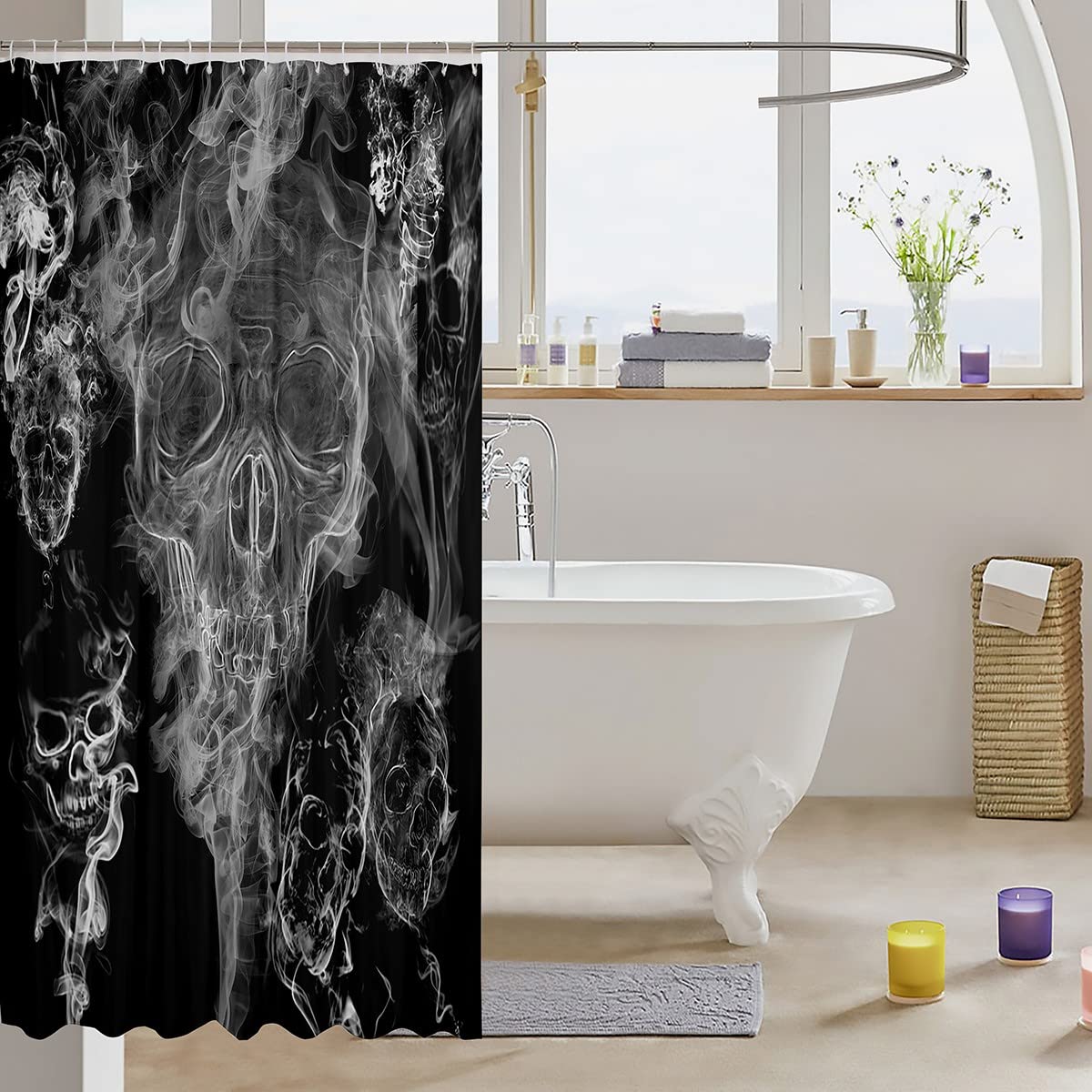 Tenda da doccia con scheletro spettrale, tenda da doccia gotica per Halloween, decorazione per il bagno, tenda da doccia in tessuto impermeabile con ganci, 152 x 183 cm