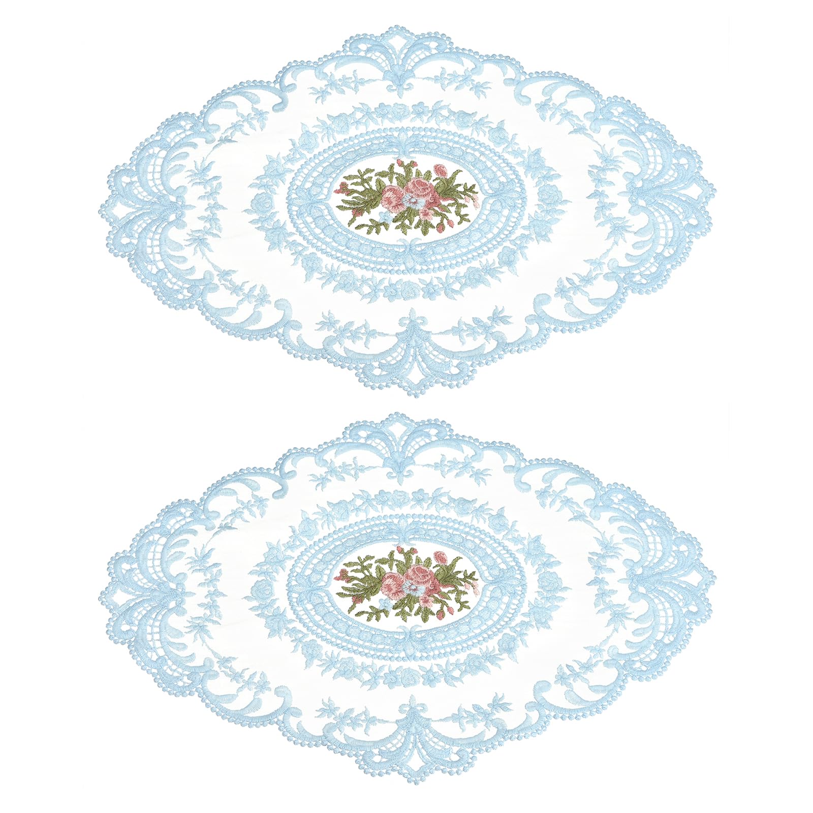 sourcing map 2Pack Retro Lace Placemat 12x16-in Oval Embroidered Table Place Mats French Crochet Doilies Coasters Cup Mat for Home Wedding, Sky Blue