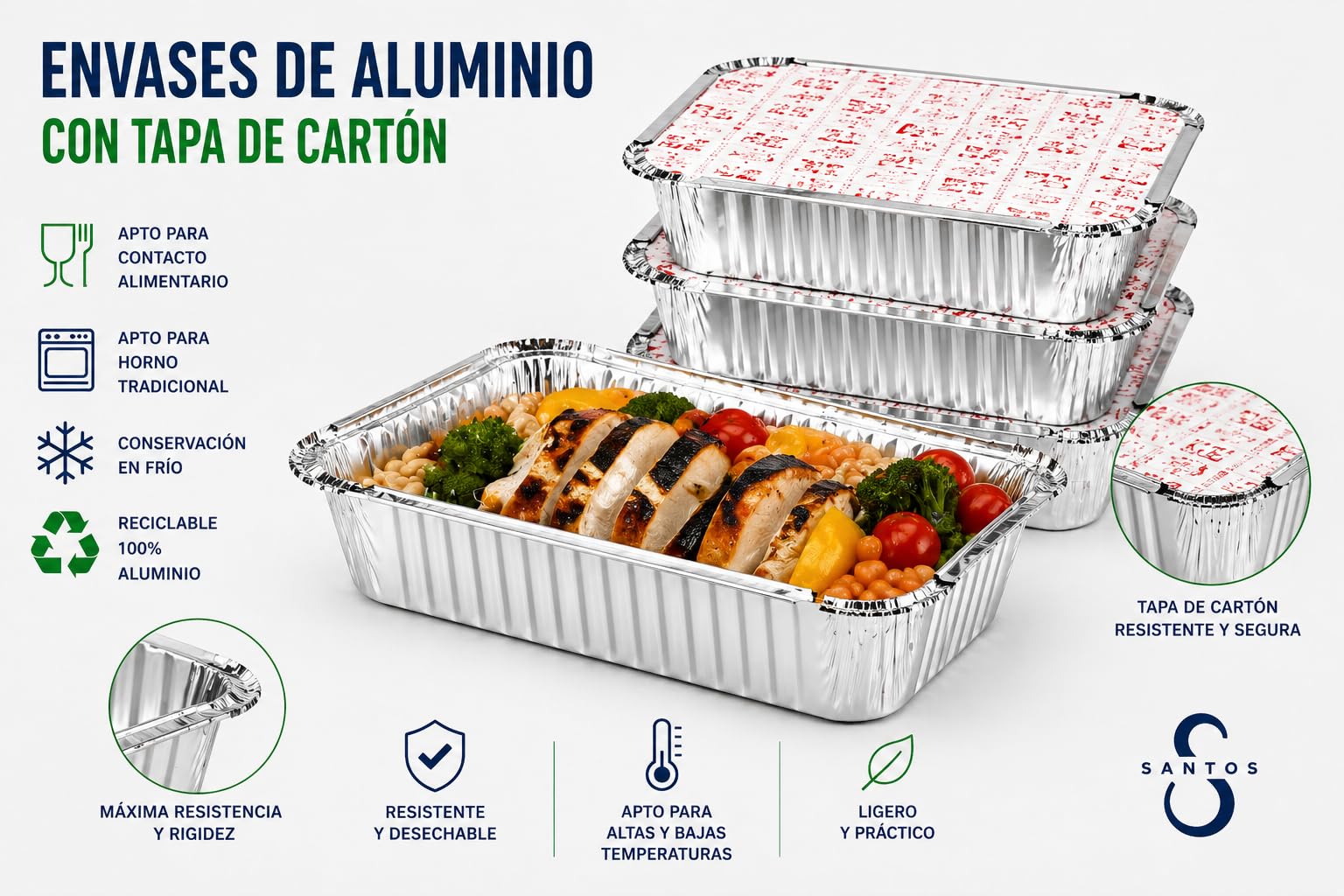 Pack de 100 Envases de Aluminio Rectangulares con Tapa incluida 1480ML