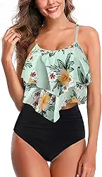 Biquíni feminino de cintura alta, plus size, babado, vintage, controle de barriga, tanquíni de duas peças