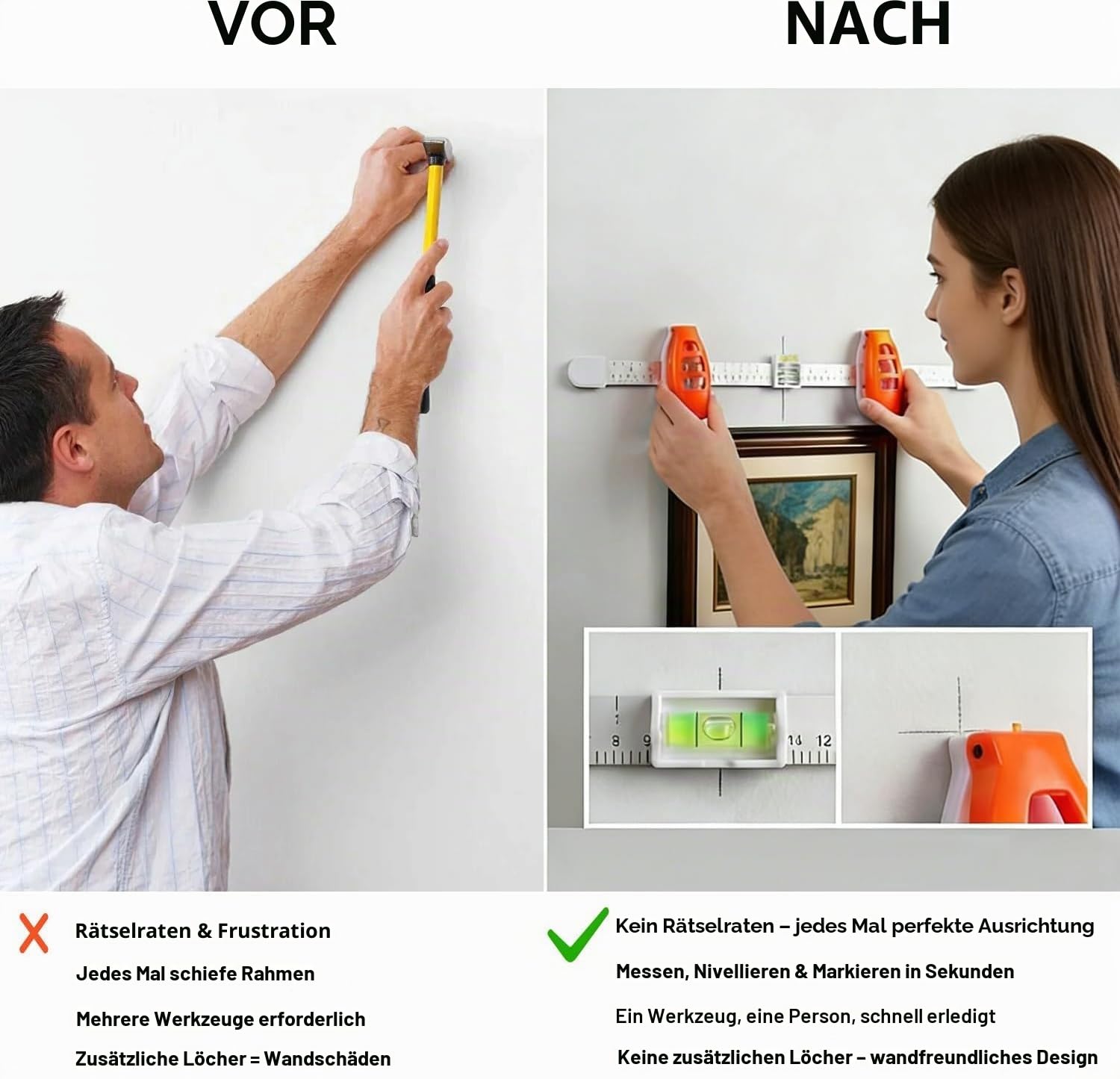 Level Ruler Bilder Aufhängung Tool mit Wasserwaage, 3-in-1 Präzisions Lineal mit Markierfunktion, Einfaches Bilder Aufhängen ohne Fehler, Vermeidet unnötige Löcher, für Rahmen, Spiegel & Wanddeko DIY