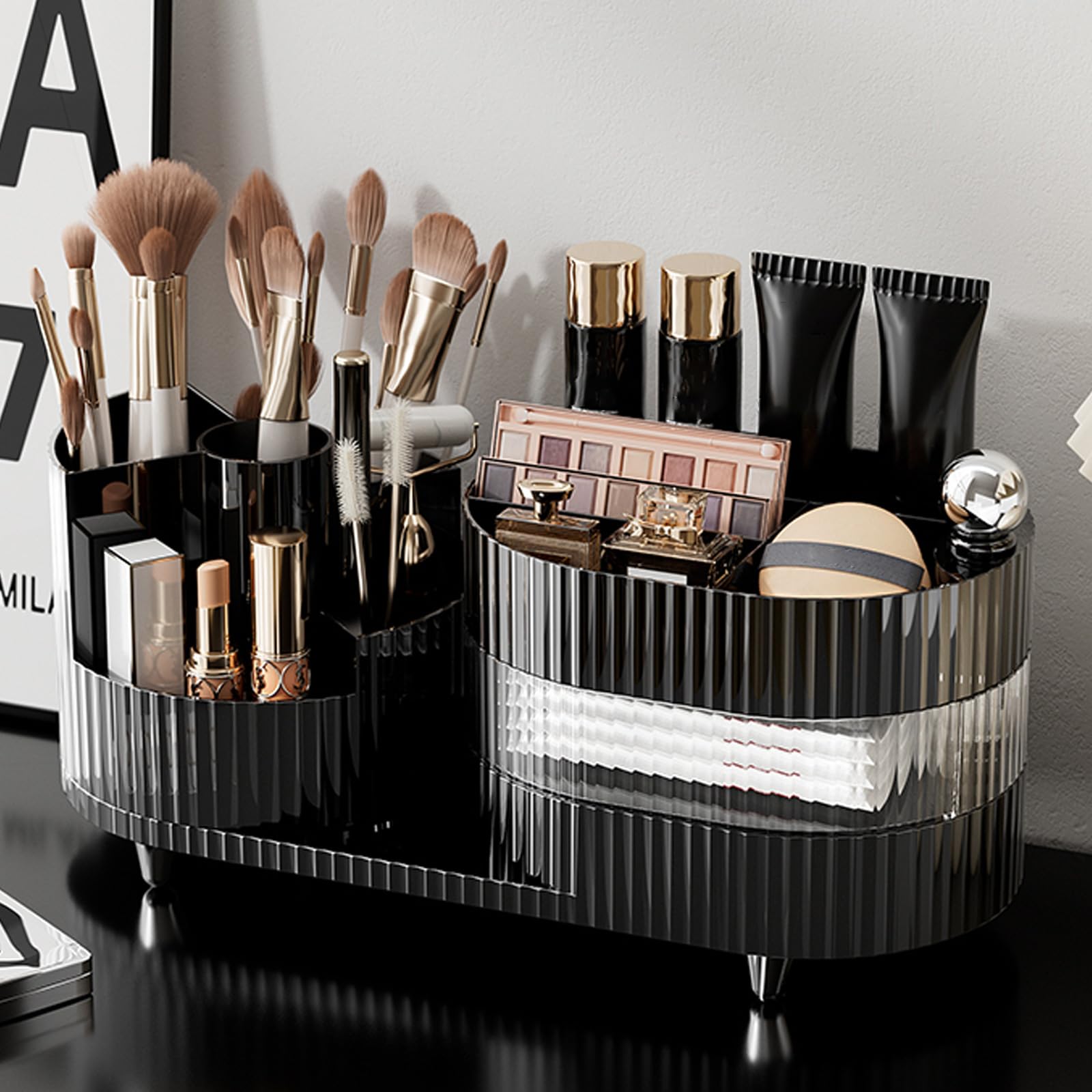 NWK Detachable Makeup Organiser Jewellery Box with 360° Rotating Makeup Brush Holder Cosmetice Organiser for Lipsticks Brushes Perfume Lotions for Bathroom Dresser Desk (Black)