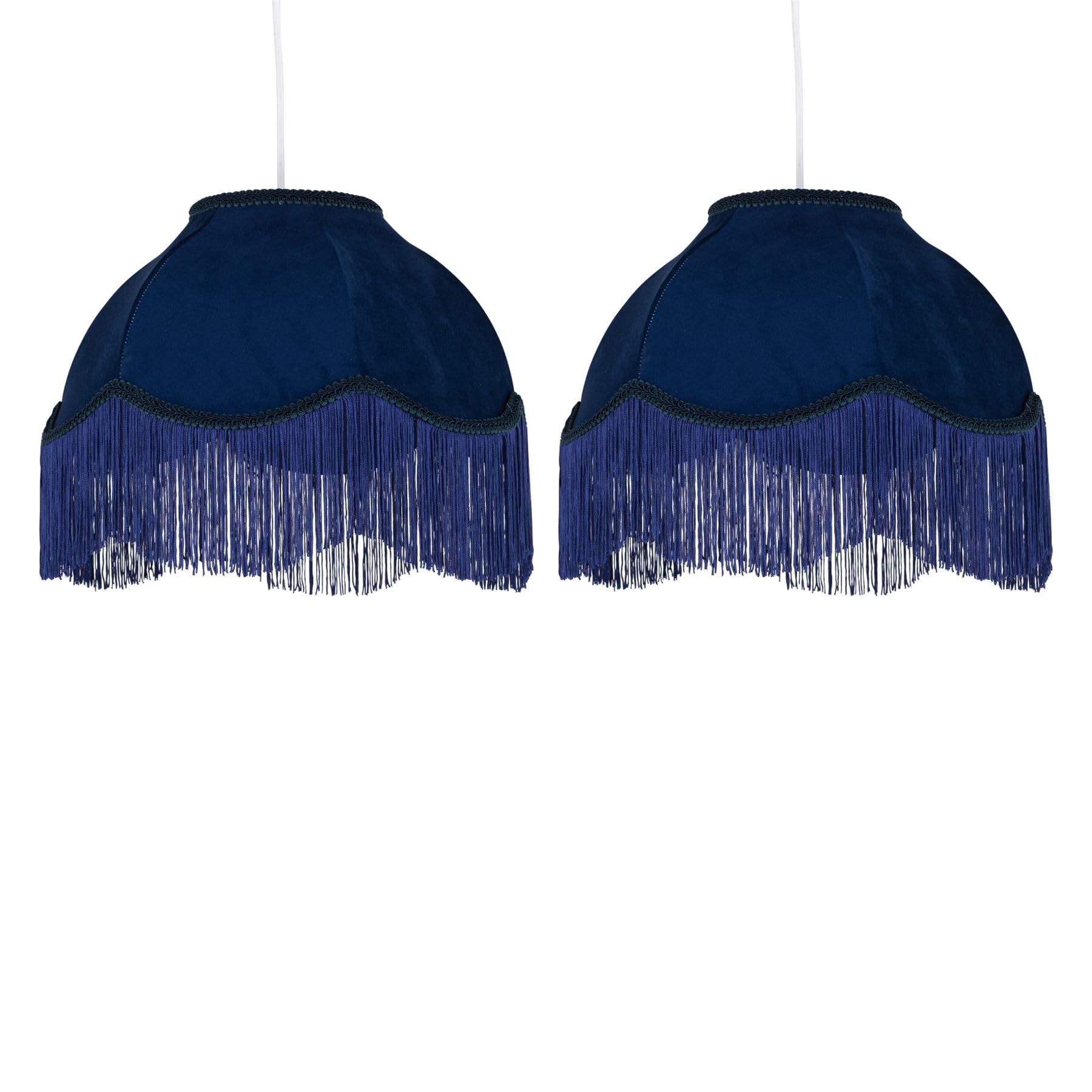 2x Navy Blue Velvet Fringed Lamp Shades - Vintage Design Pendant Light Covers - 18cm Height x 35cm Diameter