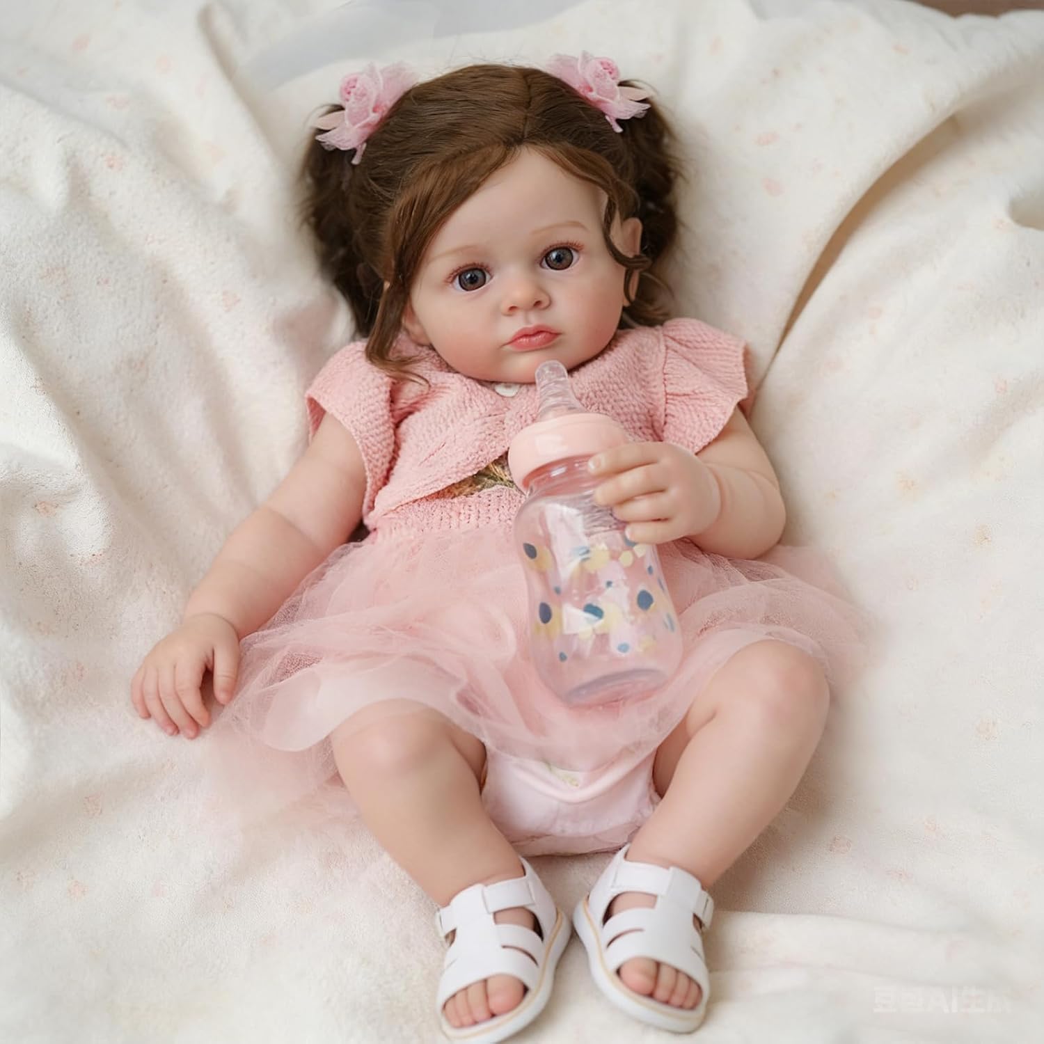 Brastoy Boneca Bebê Reborn Corpo de Silicone Menina Olhos Azuis Realista Pintado Original 55cm (55cm Menina Rosa)