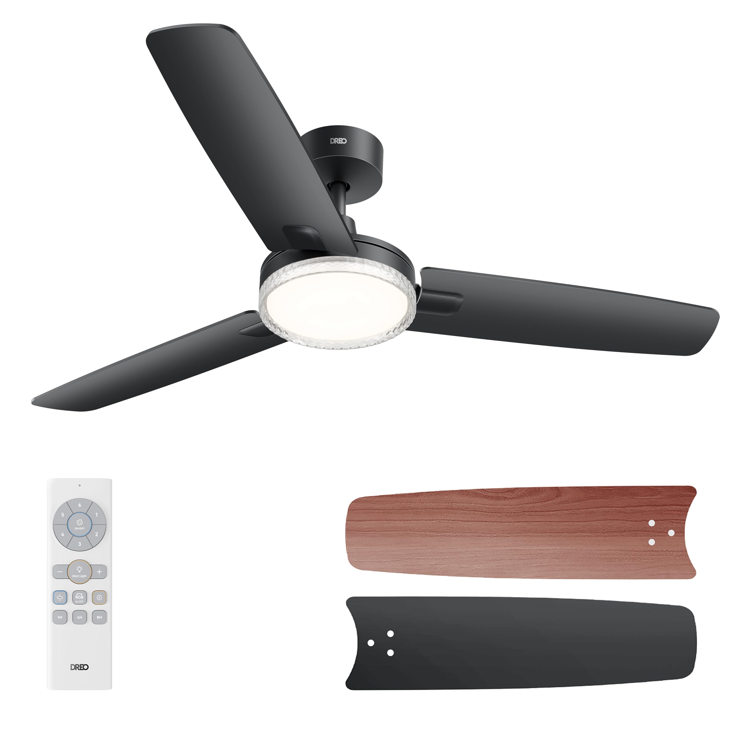 DREO 42-inch Bedroom Ceiling Fan in matte black with three aerodynamic acrylic blades and a crystal-look light cover mounted above a queen bed in a softly-lit master bedroom, a clock on the nightstand reading 11:14 PM, the integrated LED dimmed to warm low-light evening mode, the chassis sitting flush against the white ceiling — the bedroom-specific pick engineered around the 20-decibel low-speed noise floor that addresses the dominant noise complaint surfaced in Reddit's 2026 quiet-fan thread