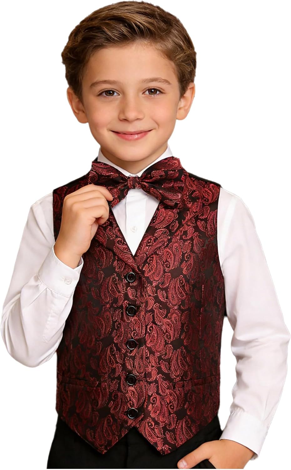 Choomomo Boys 2 Pieces Jacquard Waistcoat Tuxedo Dress Vest Bow Tie Set for Suit or Tuxedo