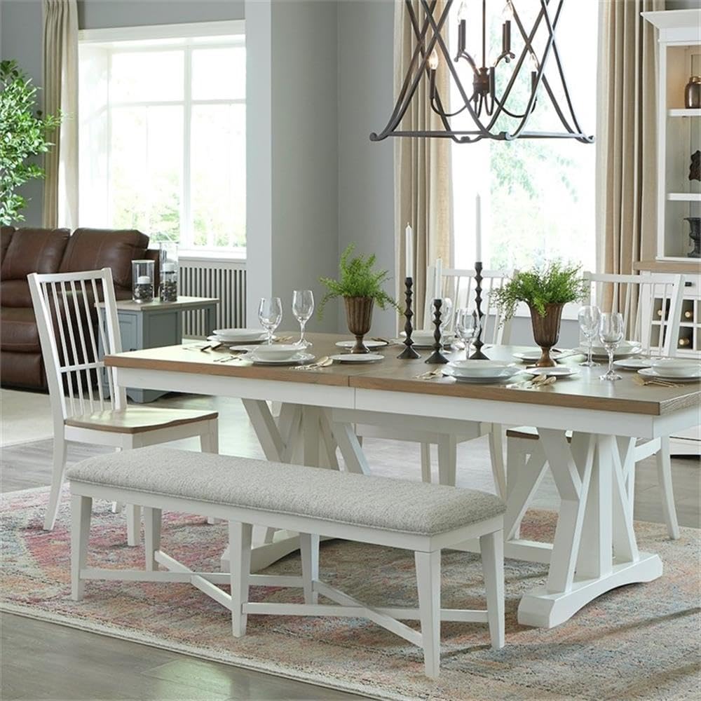BOWERY HILL Upholstered Wood Counter Bench, 49 in Wide, Hand-Painted White Finish, Neutral Boucle Polyester Fabric, Backless Design with Metal Footrest, Comfortable Kitchen or Dining Room Seating