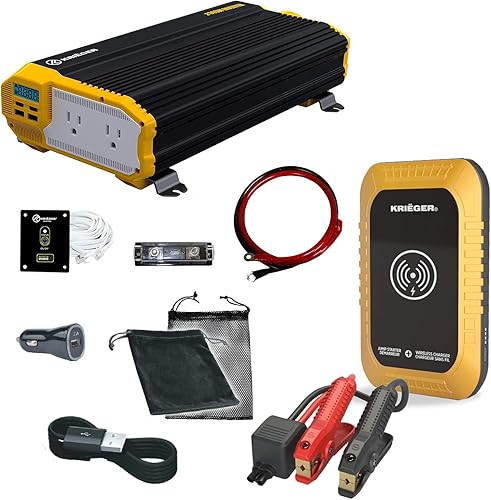 Krieger - Inversor de corriente de 2000 vatios, inversor de coche de onda sinusoidal modificada de 12 V a 110 V + arrancador de coche Krieger de