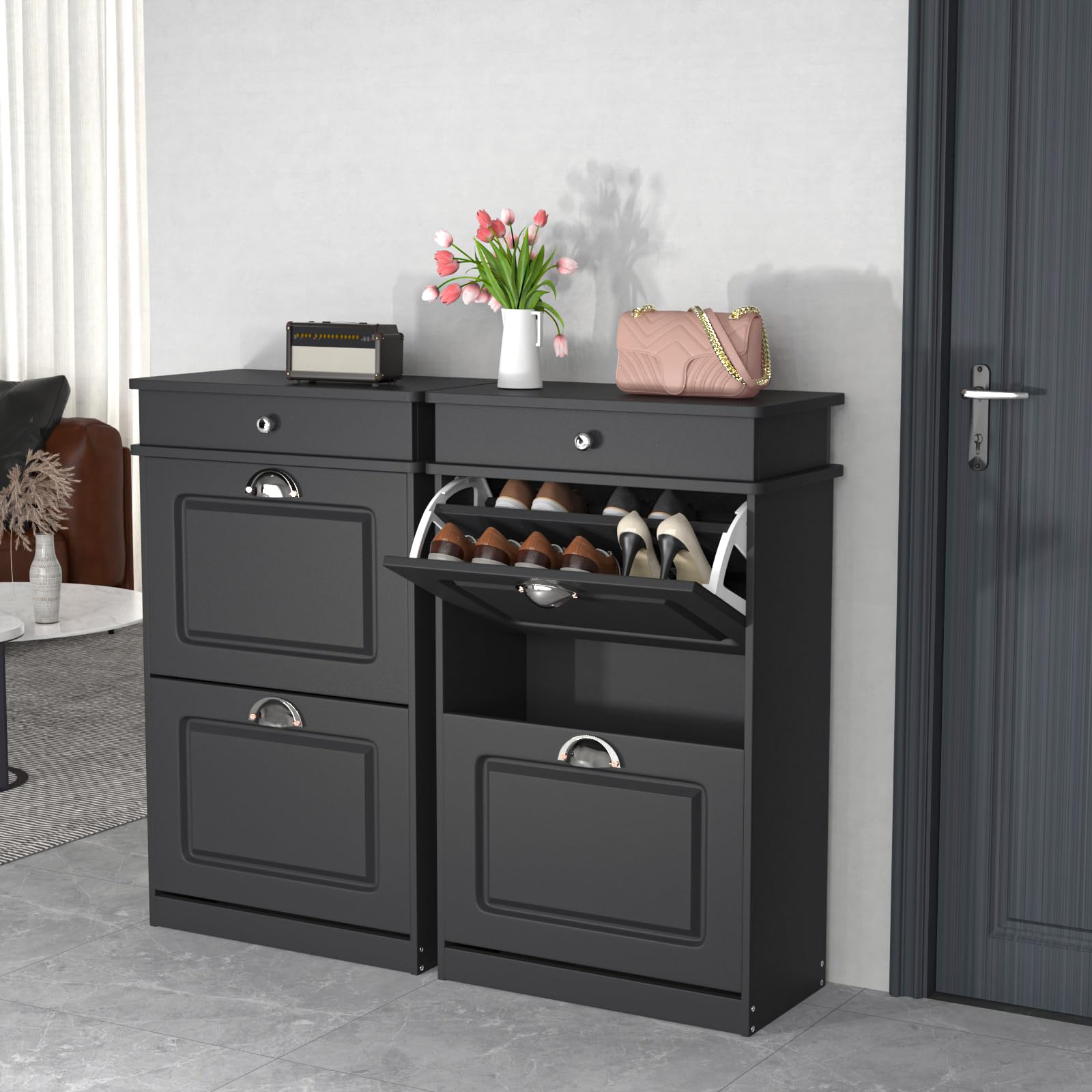 HUOLE Meuble de Rangement à Chaussures,Armoire à Chaussures, Meuble d'entrée Rangement pour Chaussures, Séparateurs Réglables, pour Entrée avec 2 Abattants, 82 * 52 * 23cm-Noir (2pc)