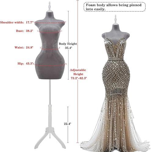 Miniatura 3 de KTMANEQ Torso de maniquí femenino con curvas ajustables con soporte, forma de vestido pinable para ropa (gris, terciopelo)