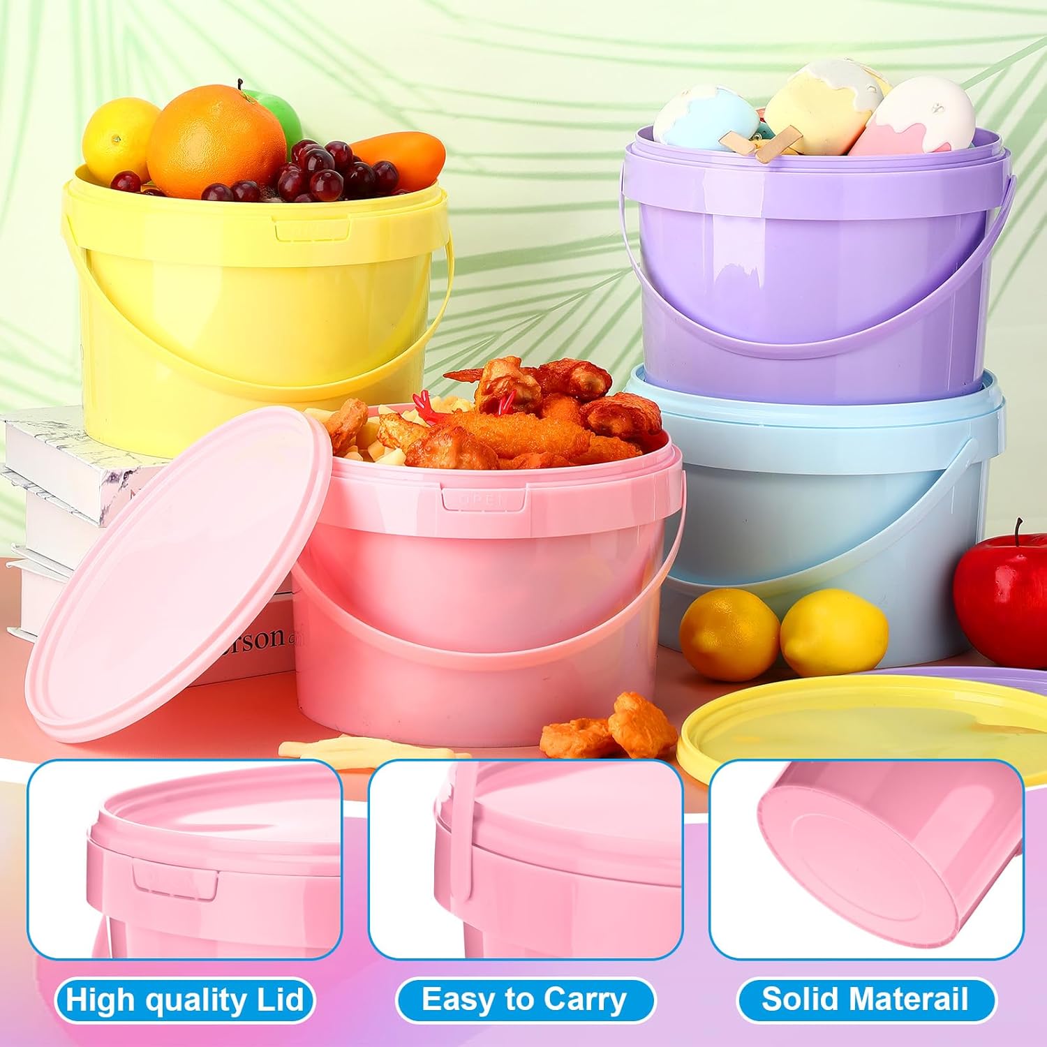 Blushtier 20 Pack 1 Gallon Plastic Bucket with Lids and Handles Food Grade Ice Cream Buckets with Lid Reusable Colorful Multipurpose Food Storage Containers Freeze Safe Ice Cream Tubs for Kitchen