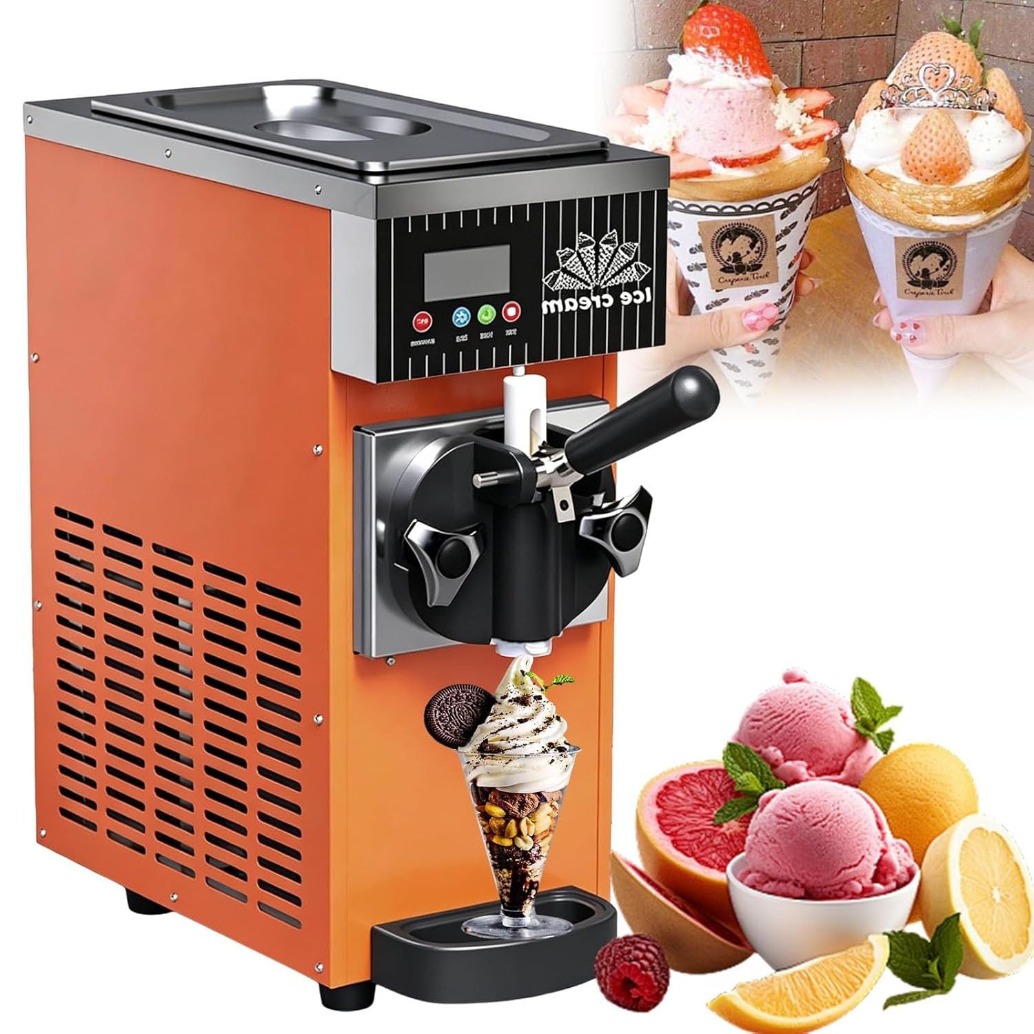 450W Máquina de Helados Soft Heladera Maquina Helados Soft Comercial Maquina Helados Sobremesa Un Sabor 4-5 l/h Limpieza Auto para Cafés y Restaurantes,Naranja,51x40CM