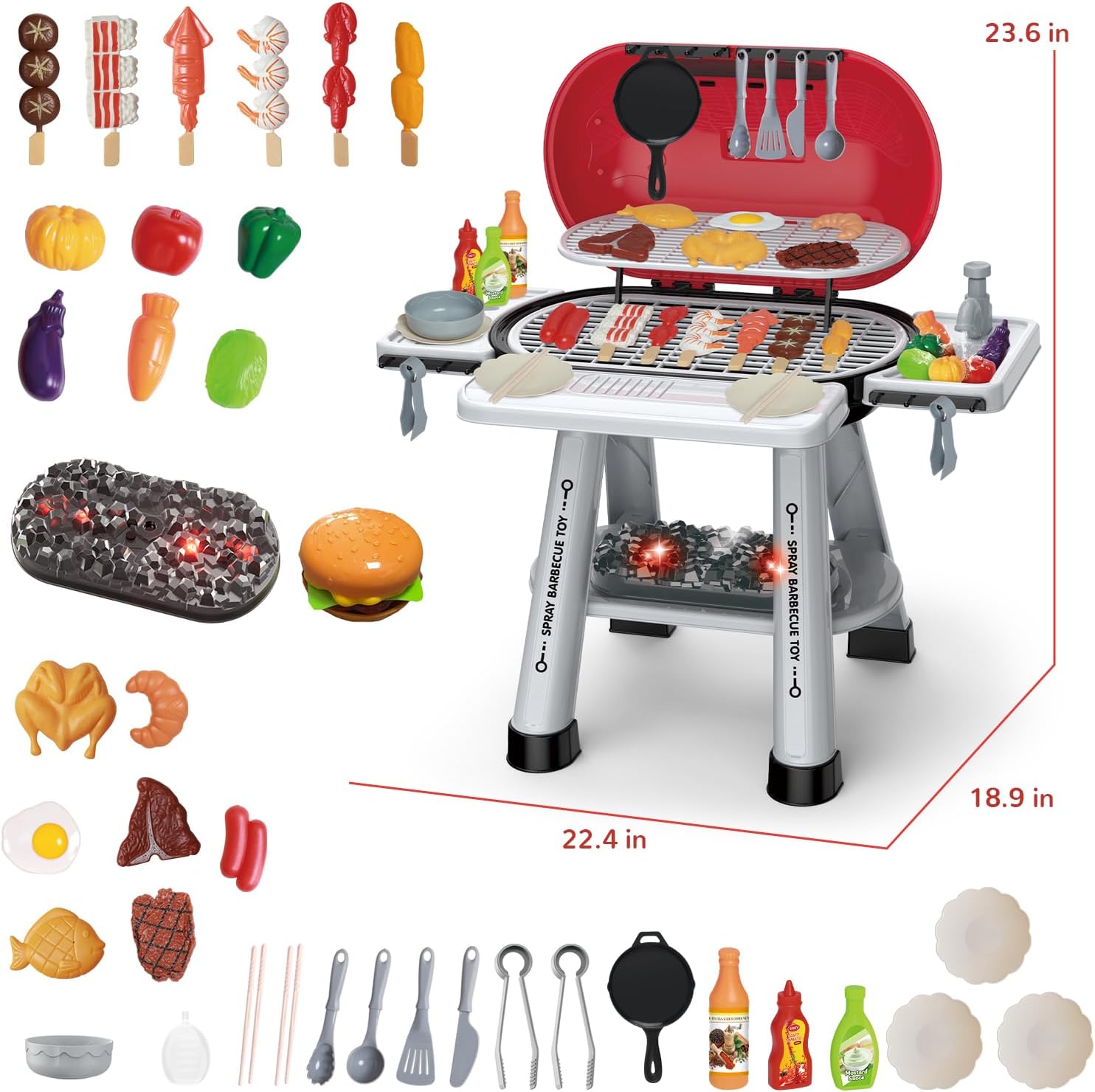 Kids Play Grill Kitchen Toys: BBQ Outdoor Toys Play Grill Set with Smoke Sound Light, Pretend Play Food Toy Cooking Set Kids Outdoor Grill Playset, 2 Layer Barbecue Gifts for 4-8 Boys Girls