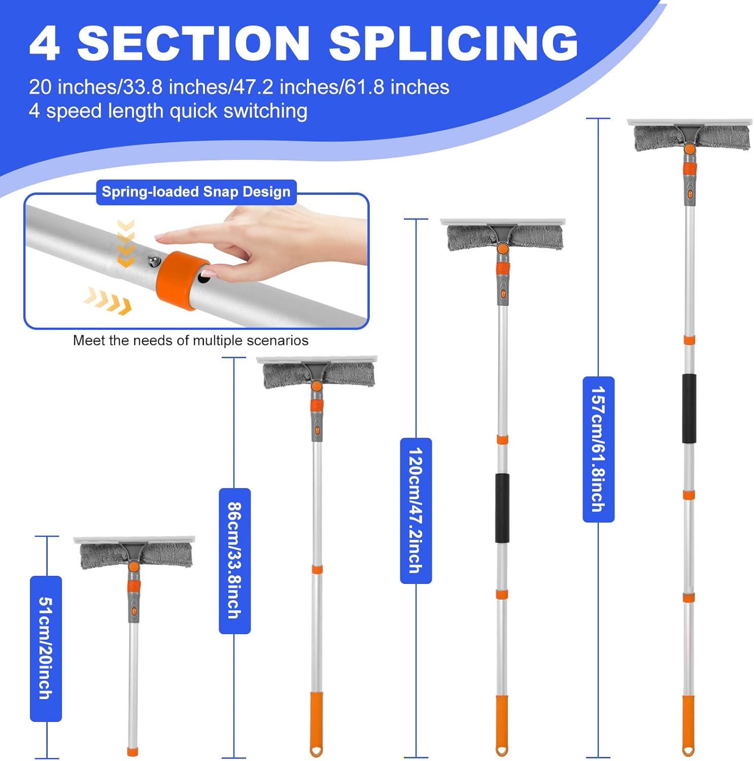 2 in 1 Window Cleaner Tool with Extendable Pole Versatile Water Absorbing Window Squeegee Kit for Car Indoor Outdoor Use.(Orange)