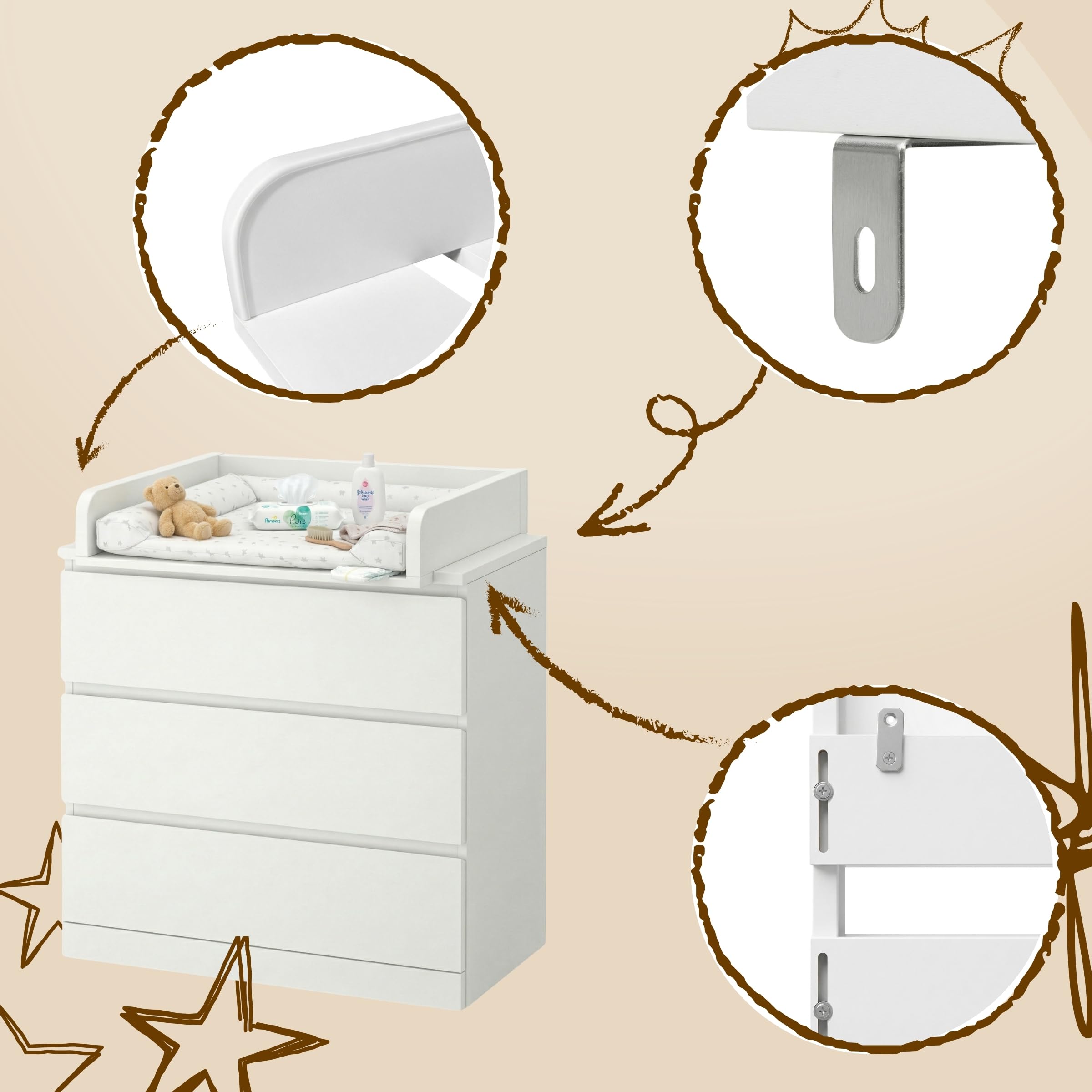 Plan à langer, Côtés arrondis, 53,2 x 70 cm, Blanc | Réglable extensible 34–50 cm, Table à langer bébé, Bords surélevés