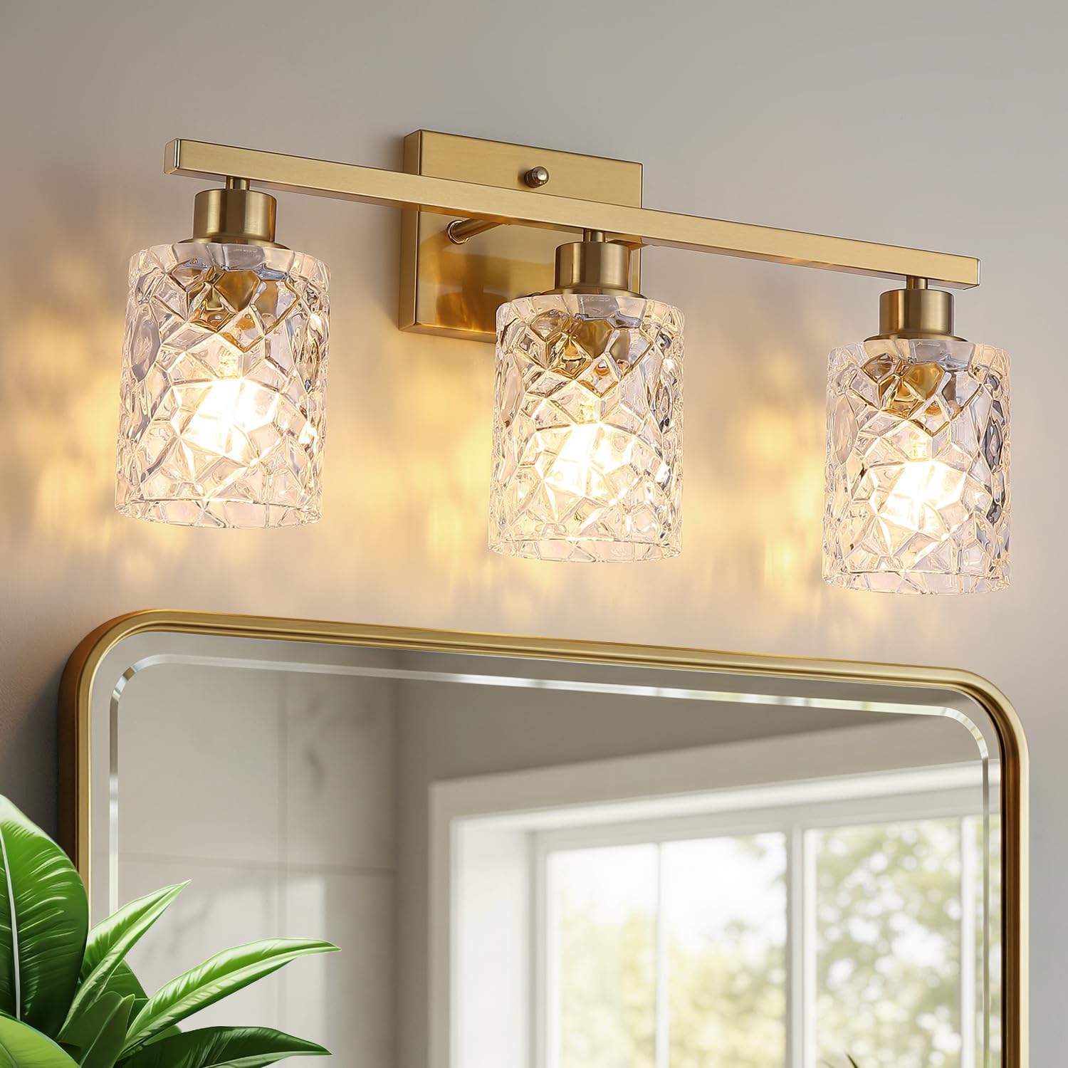Stainless Steel Bathroom Vanity Light Over Mirror, 3 Light Brushed Gold Bathroom Light Fixtures with Textured Glass Shades,Ceramic E26 Sockets Wall Mounted Vanity Lights for Bathroom