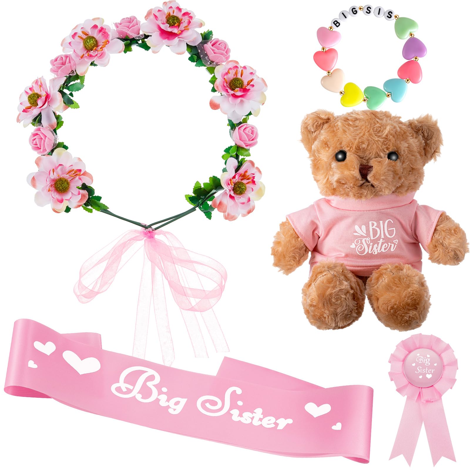 Vertintong5 Pcs Big Sister Accessory Set Include 1 Big Sister Stuffed Animal Bear 1 Big Sister Bracelet 1 Big Sister Satin Sash 1 Badge Pin and a Flower Crown for Baby Shower Party Big Sister to Be