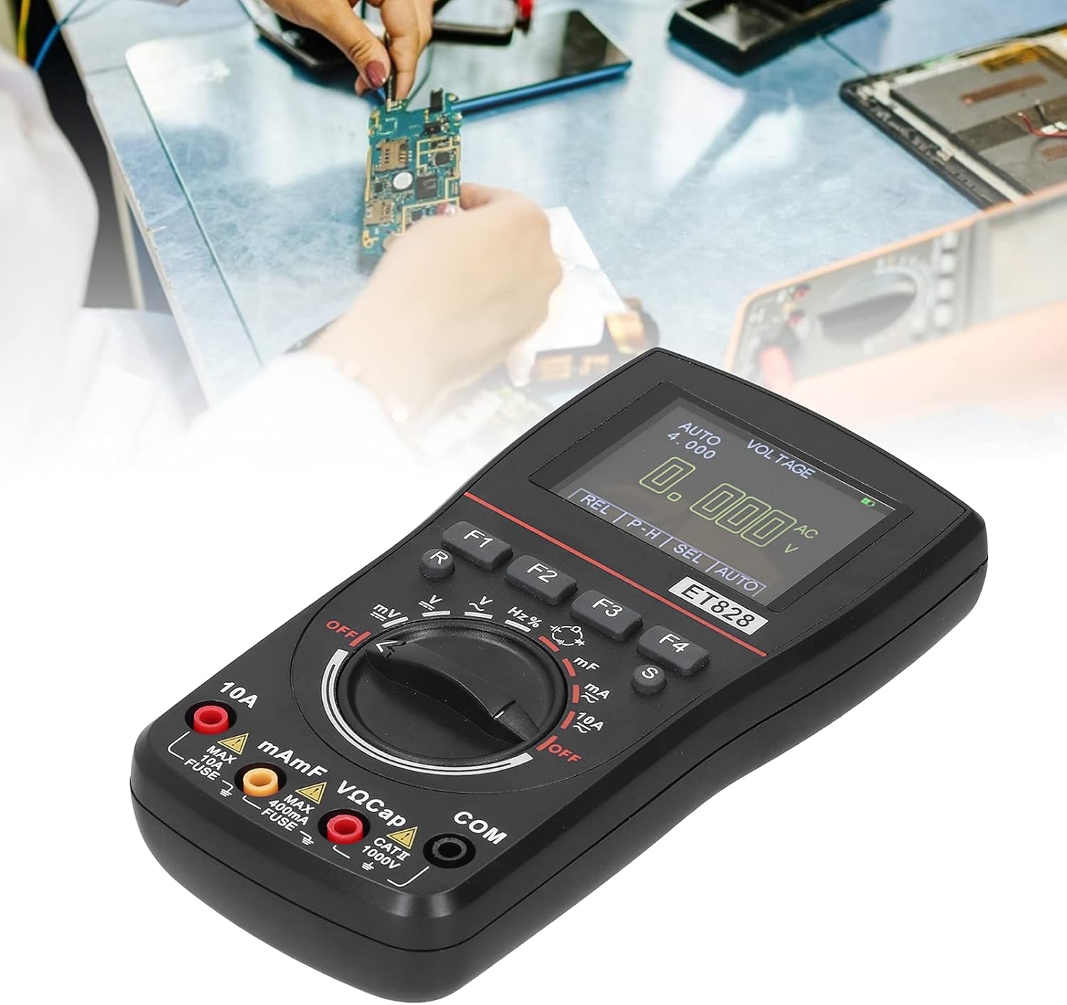 Eujgoov ET828 Multimeter being used to test a circuit board, with test leads connected to the board.