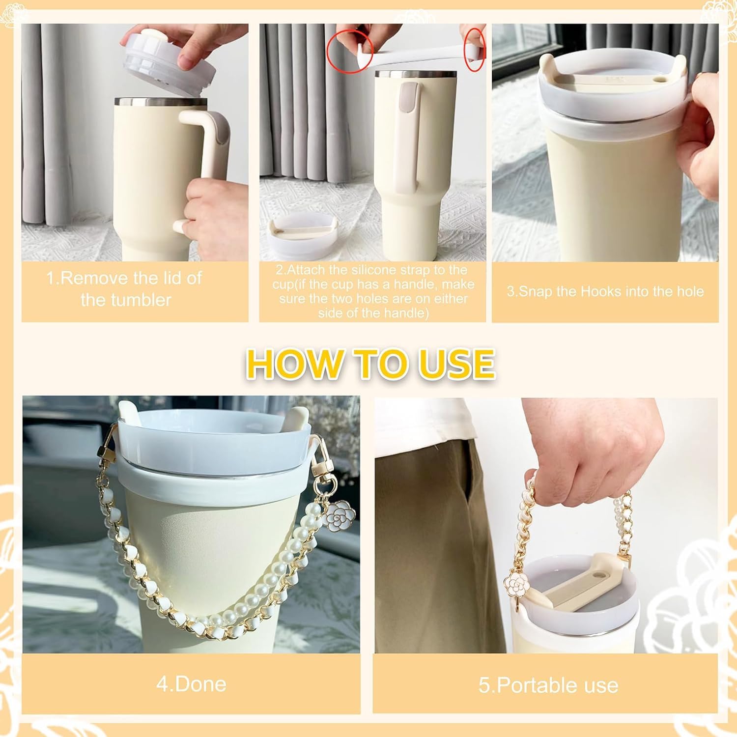 2 Pcs Silicone Water Bottle Handle With Pearl Strap - Compatible With Stanley Cups & Most 8-40 Oz Tumblers - View #12