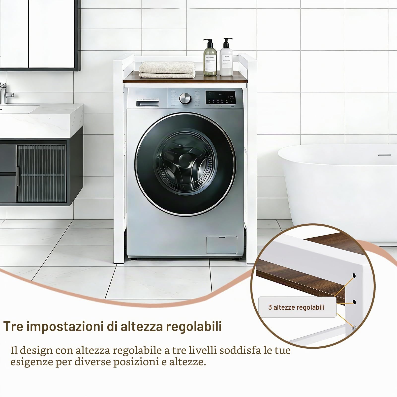 Supporto Asciugatrice sopra Lavatrice, Scaffale per Incolonnamento Lavatrice e Asciugatrice - Carico 350kg, 3 Regolabili In Altezza Mobiletto Lavatrice Asciugatrice per Bagno Lavanderia (Bianco)
