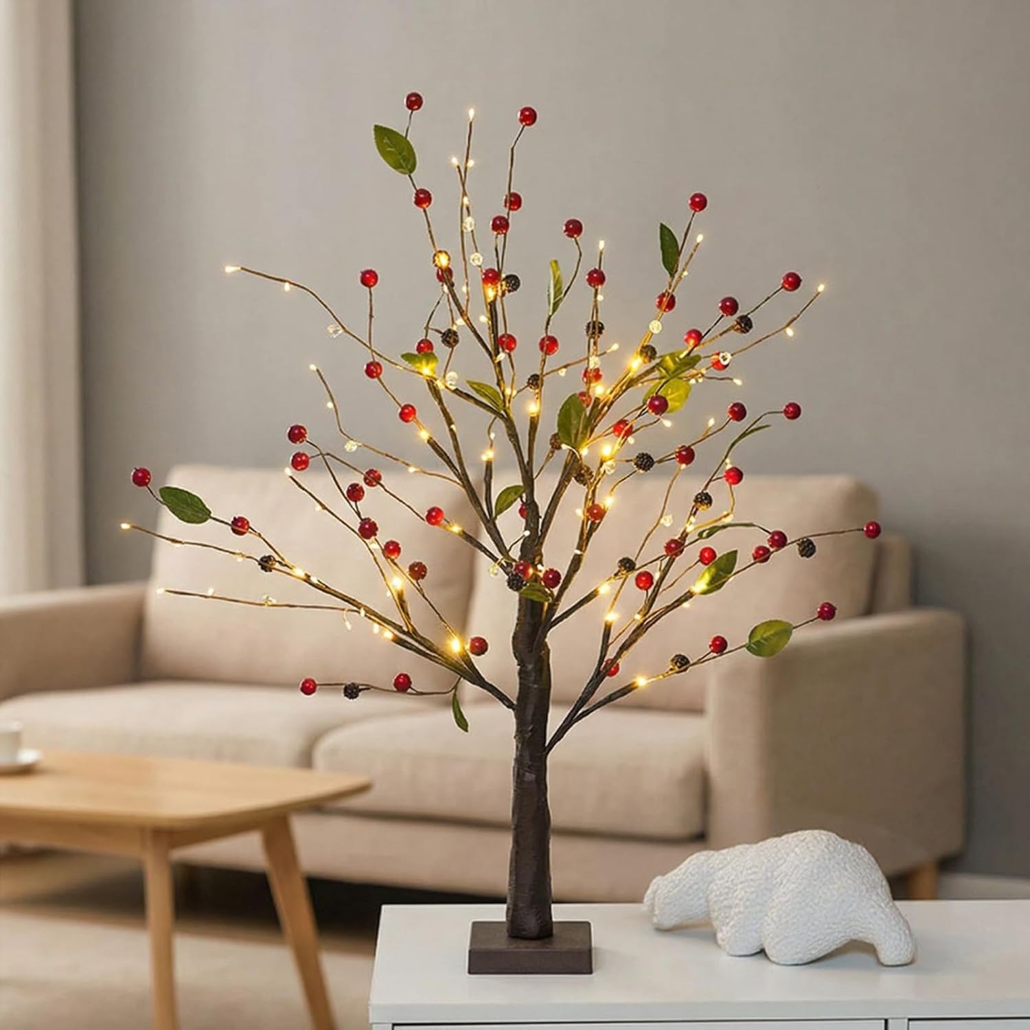 Red Berry Blossom Tree with Lights, 24 LED Lighted Branches, Artificial Bonsai Lamps, Christmas Tabletop Decor for Living Room, Bedroom, Home Gifts (2, Red)