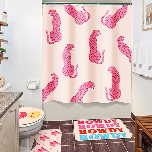 Miniatura 3 de Rtteri Juego de 4 piezas de baño rosa, con cortina de ducha y alfombras, impermeable, juego de cortinas de ducha con alfombras estilo cara sonriente