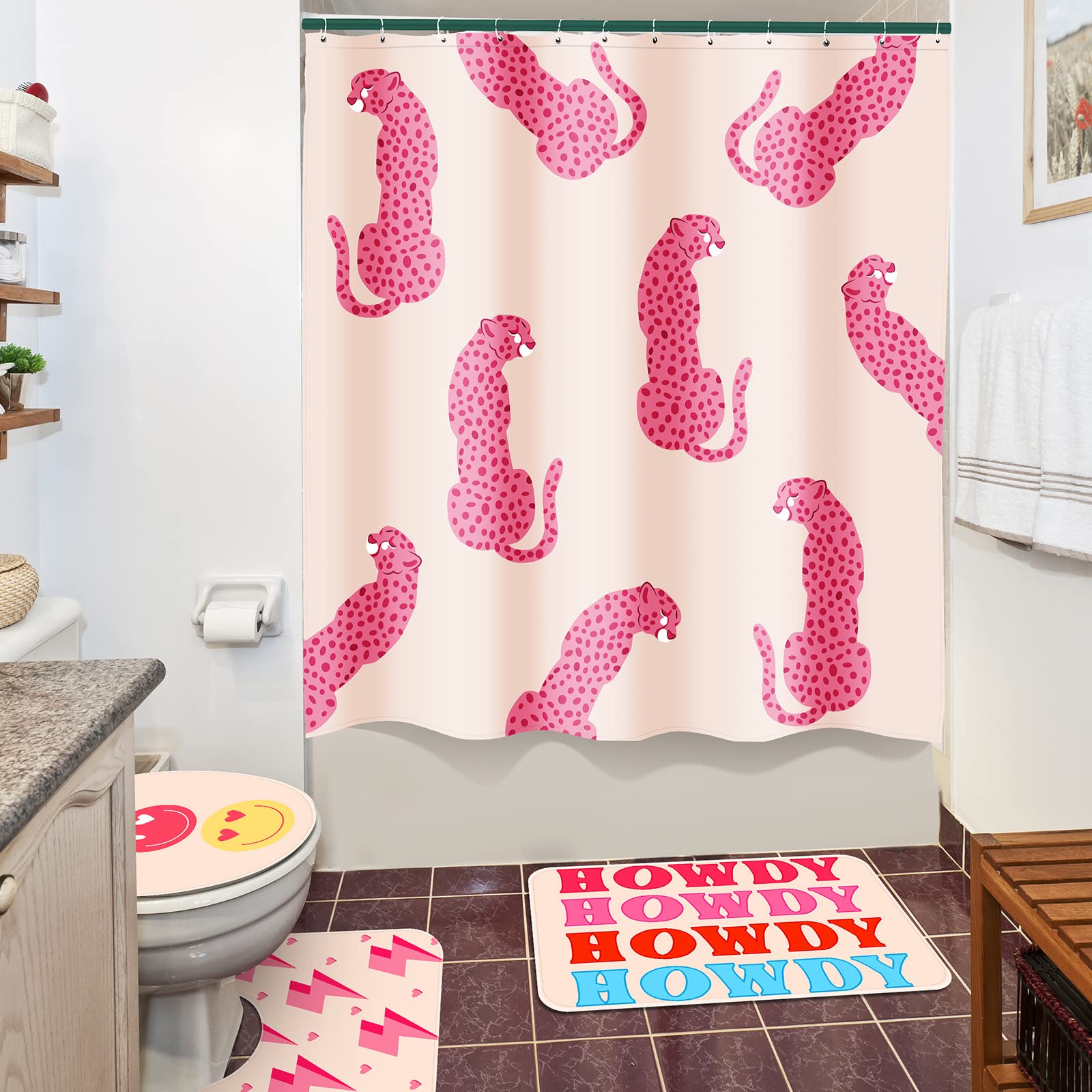 Juego de 4 piezas de baño rosa, con cortina de ducha y alfombras, impermeable, juego de cortinas de ducha con alfombras estilo cara sonriente (tapete de baño, rayo en forma de U y cubierta de 3
