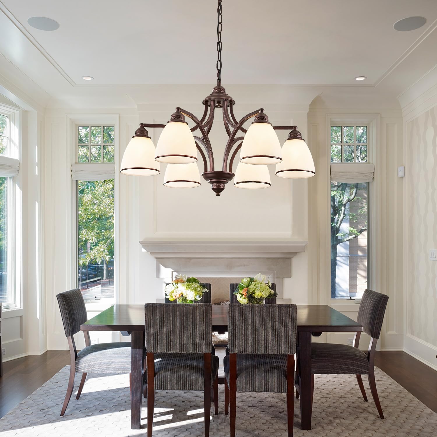 6-Light Oil Rubbed Bronze Farmhouse Chandelier Light Fixture for Kitchen Antique Matte Brown Ceiling Hanging Lamp Adjustable 47" Max Pendant Light for Dining Room Table, Island, Entryway, Living Room