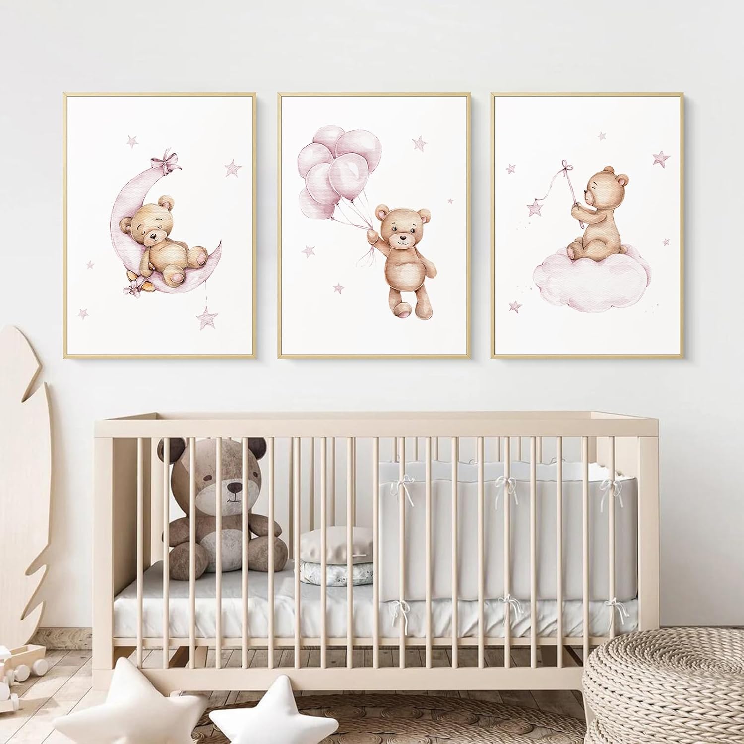 Bear Nursery Wall Art Decor Set of 3 Teddy Bear Wall Art Baby Girl Canvas Wall Decor Pink Pictures Balloon Nursery Children Prints Artwork Moon Star Cloud Art for Boys Room Bedroom 16x24 Inch Framed - Image 3