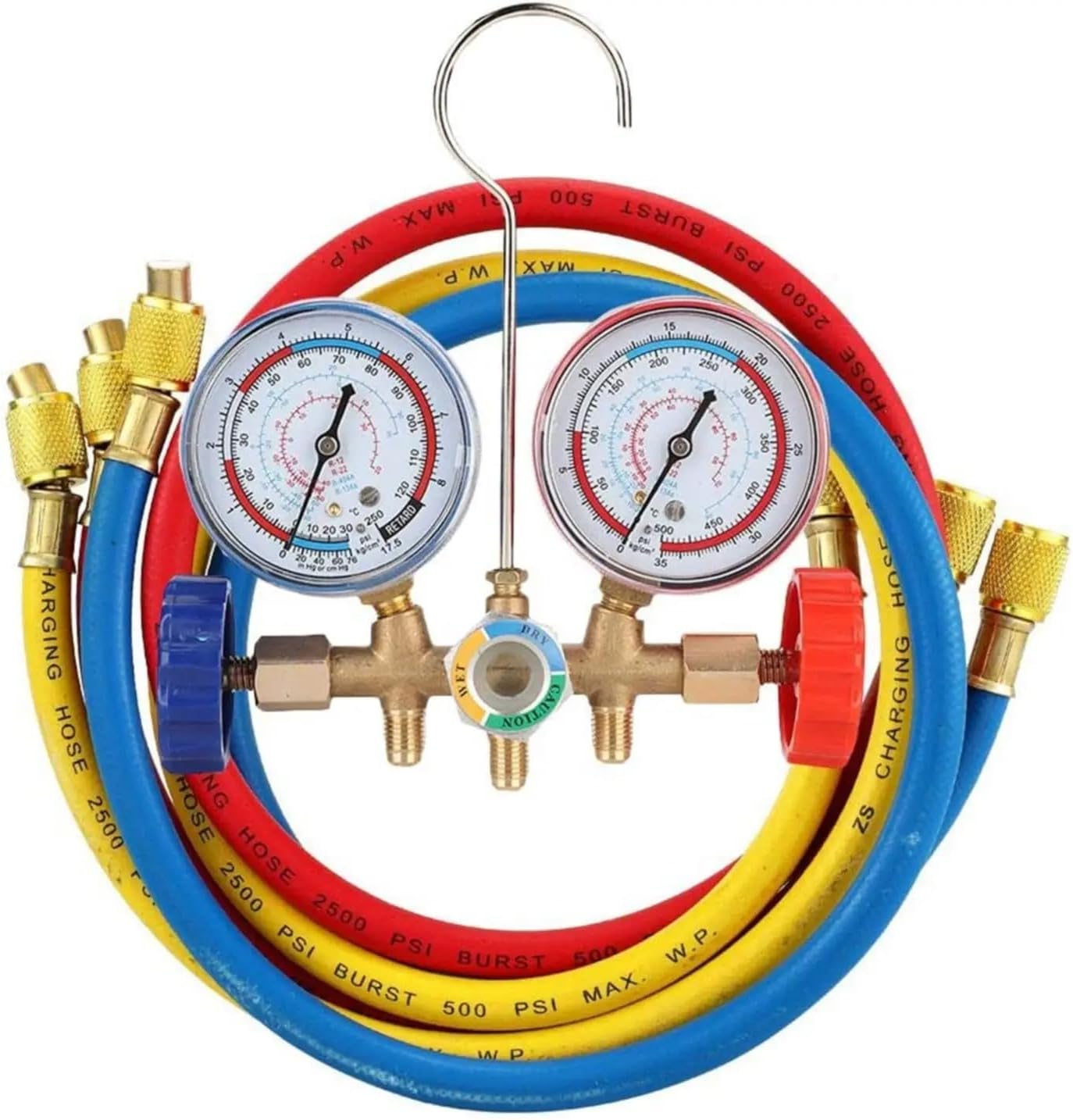 Digital Craft Refrigerant Manifold Gauge Set | Compatible with R12, R22, R404A & R134A | HVAC Air Conditioning Tools with 3 Hoses & Hook for AC Repair Gas Charging Tool