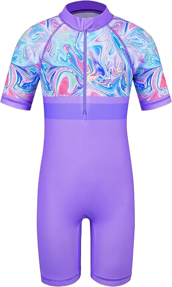 TFJH E 1PCS Girls Short Sleeve Swimsuits UV 50+ Bathing Suits Sunsuits Zipper 2-14Y