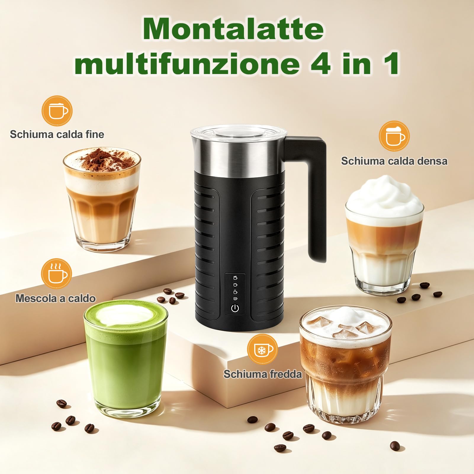 Montalatte, montalatte elettrico automatico con funzione One-Touch per caffè, latte macchiato, cappuccino, macchiato