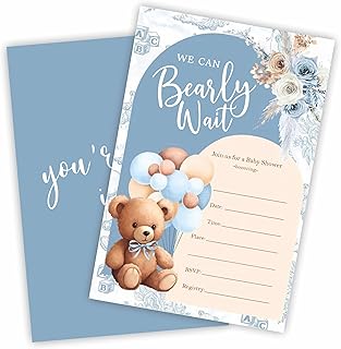 We Can Bearly Wait Baby Shower Invitation, 20 Blue Boho Floral & Bear Balloon Fill-In Invites With Envelopes, For Boys And Girls Baby Announcement, Gender Reveal Party Supplies & Decorations - B03