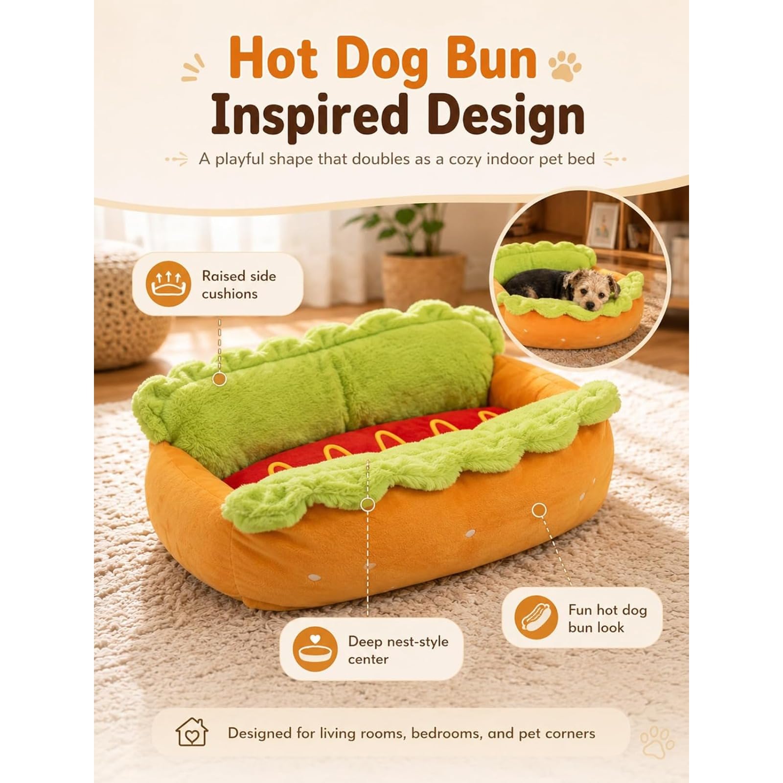 Hot-Dog-Bett für Dackel, kleine Hunde und Katzen, Plüsch-Haustierbett mit abnehmbarem, waschbarem Bezug, weiches Mikrofaser- und Cord-Haustiersofa mit rutschfester Unterseite, waschmaschinen (L)
