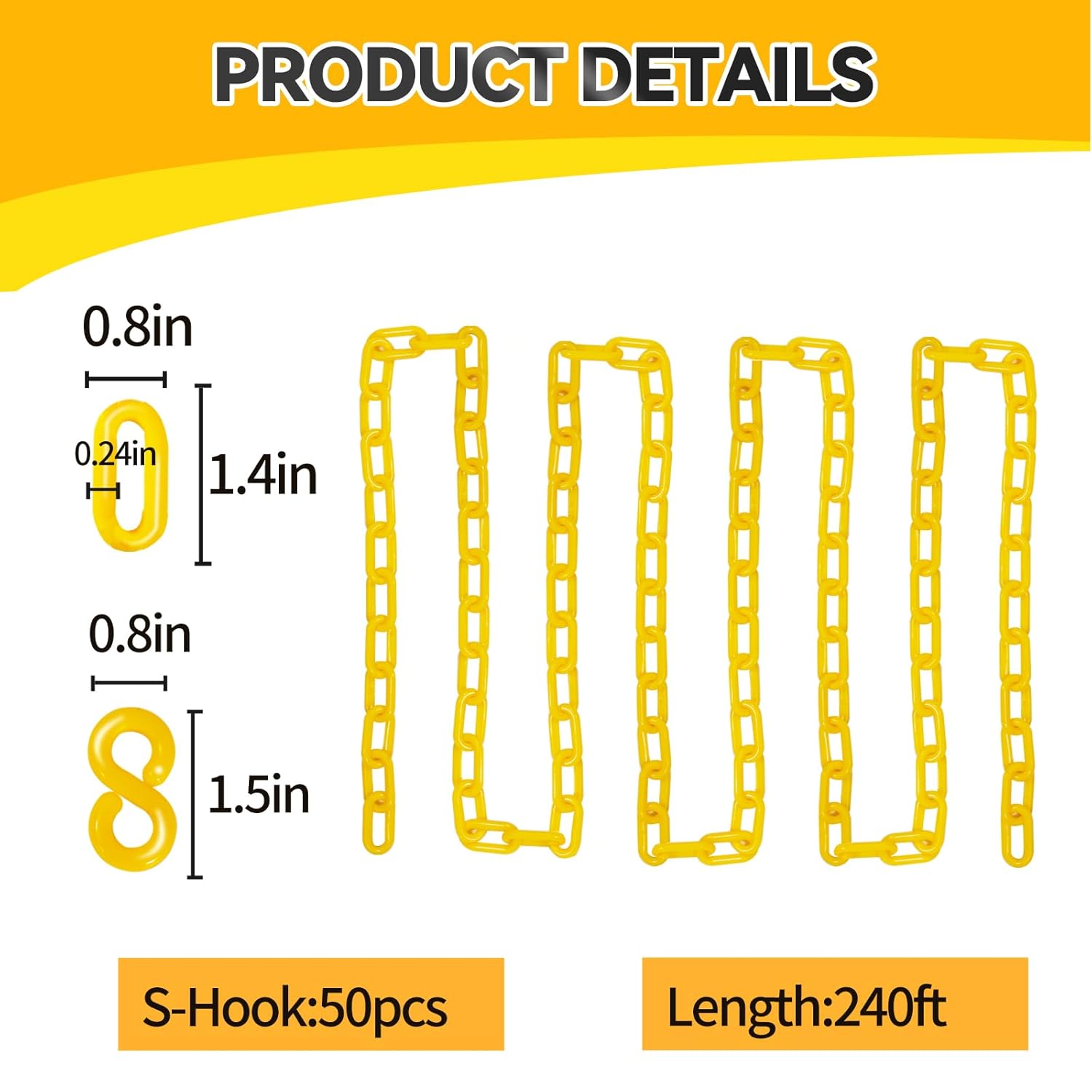 240FT Yellow Plastic Chain Links, Heavy Safety Chain, Plastic Barrier Chain with 50PCS S-Hooks