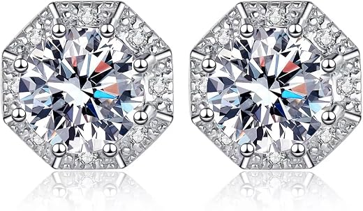 2ct/pair 925 Sterling Silver Moissanite Stud Earrings; GRA Certified; DF Color Brilliant Round; Push Back for Women & Men
