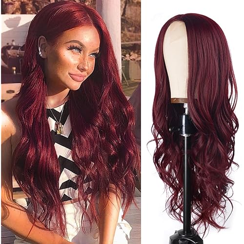 Long Wine Red Wavy Wig for Women 26 Inch Middle Part Curly Wavy Wig Natural Looking Synthetic Heat Resistant Fiber Wig for Daily Wear, Party, Cosplay