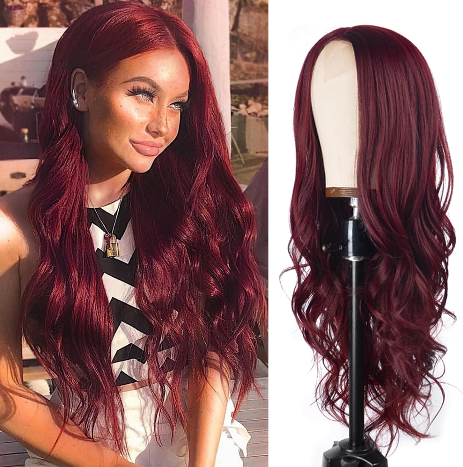 Long Brown Mix Blonde Wavy Wig for Women 26 Inch Middle Part Curly Wavy Wig Natural Looking Synthetic Heat Resistant Fiber Wigs for Daily Wear, Party, Cosplay