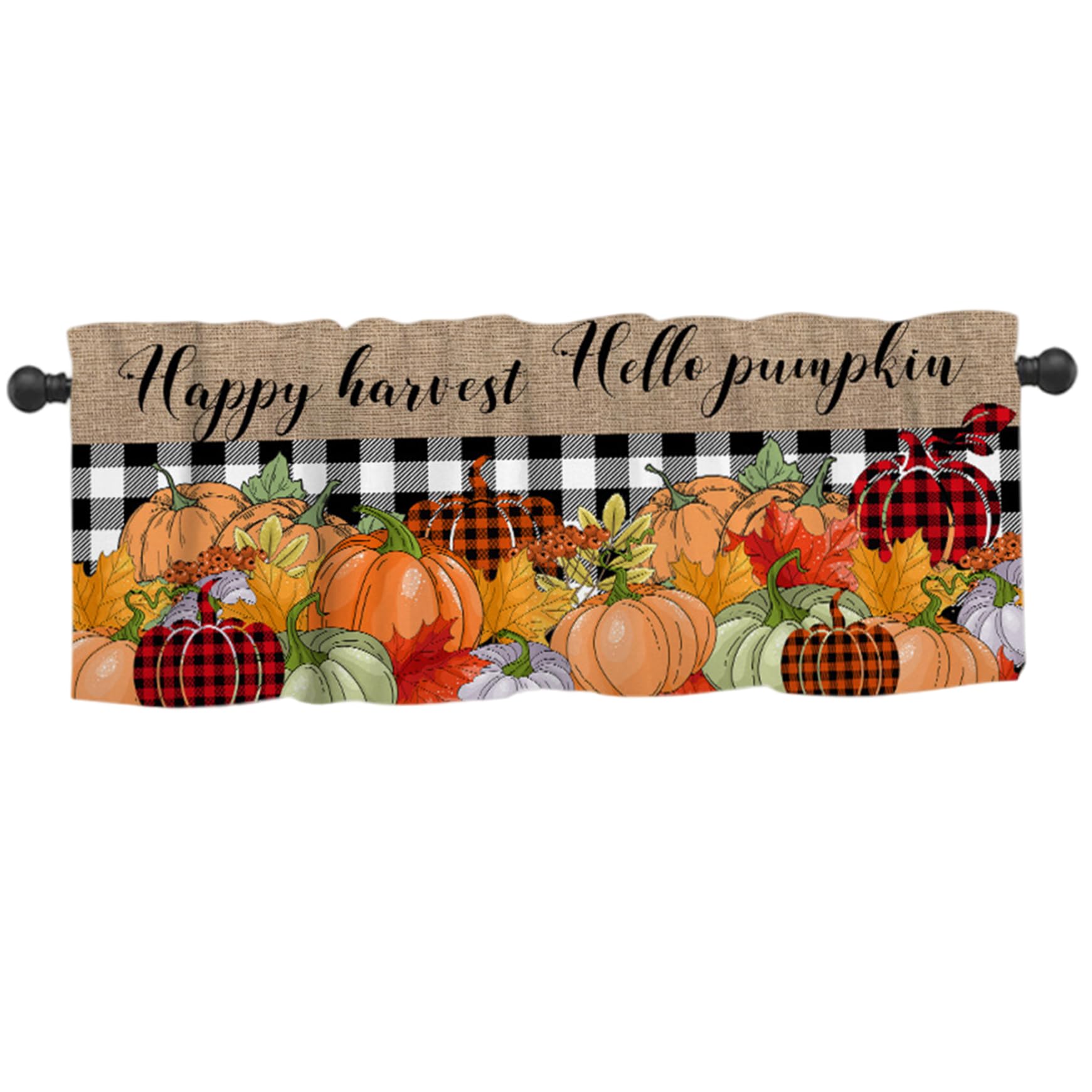 Hbbgdiy Fall Kitchen Curtains 54x18 Inch Pumpkin Buffalo Plaid Rod Pocket Valances for, Autumn Kitchen Window for Halloween Thanksgiving Rustic Farmhouse Decor