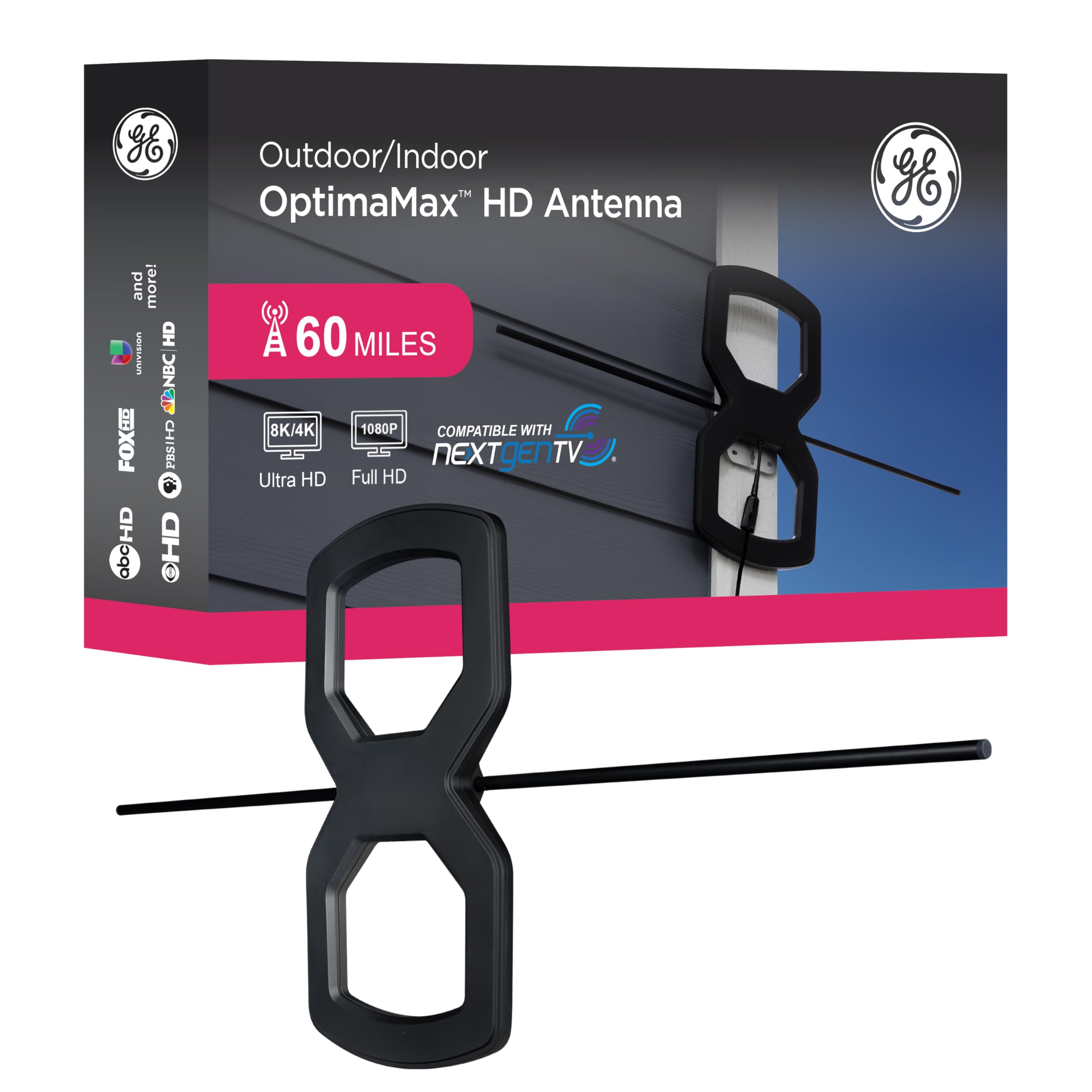 GE UltraPro OptimaMax Outdoor HD Antenna, 60 Mile Range, 4K/8K Ultra HD, NEXTGEN TV Ready, Weatherproof, Attic or Outdoor Mount, Free Local Channels,