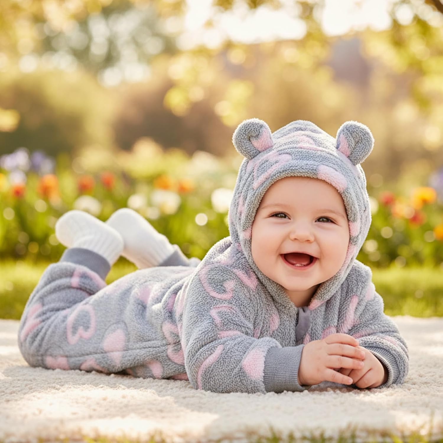 Afunbaby Newborn Baby Girl Boy Clothes Bear Onesie Long Sleeve Snowsuit Hooded Romper Winter Clothes (A-Gray, 0-3 Months)