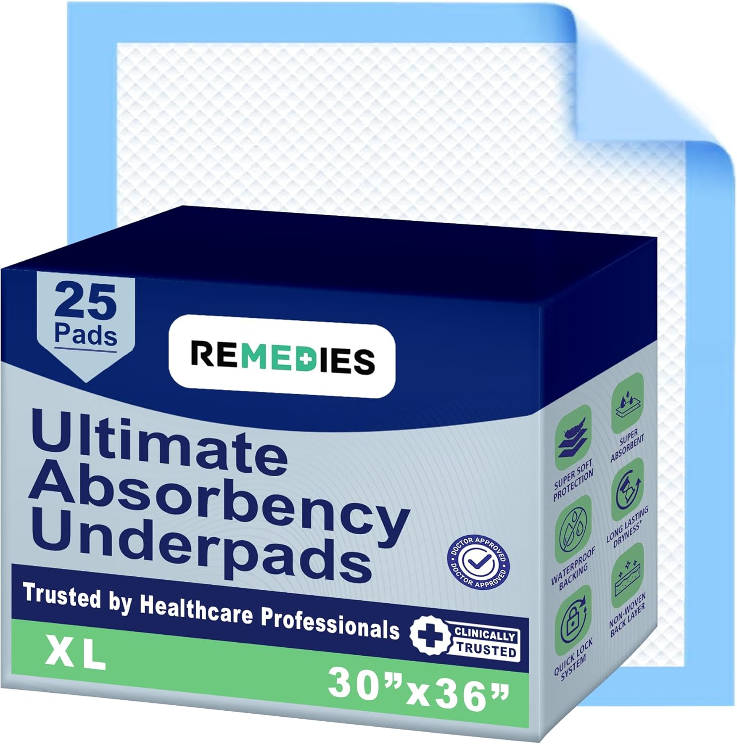 REMEDIES - Bed Pads Disposable Adults, Seniors, Kids & Puppy Pads - 30\"x36\" Large Disposable Underpads - 25 Count Incontinence Underpads for Beds & Furniture, Dog Pee Pads, Dogs Chucks Pads 30x36 Inches