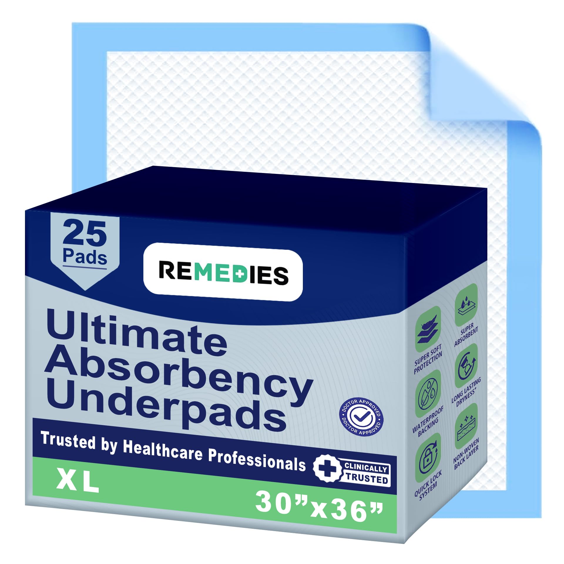 REMEDIES - Bed Pads Disposable Adults, Seniors, Kids & Puppy Pads - 30"x36" Large Disposable Underpads - 25 Count Incontinence Underpads for Beds &