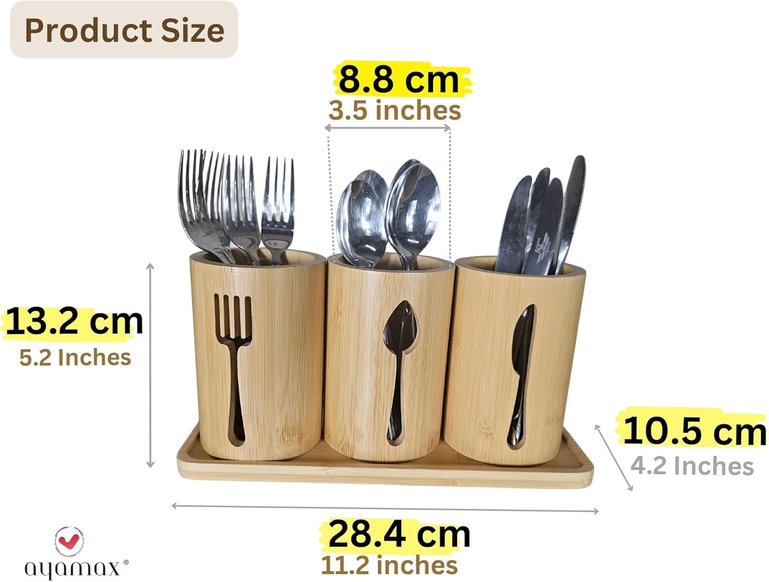 Bamboo Cutlery Holder Set - 3 kitchen Utensils Holder Cutlery Organiser with Bamboo Tray | Decorative kitchen countertop Cutlery Stand | Utensil holder - knife, fork and Spoon Holders