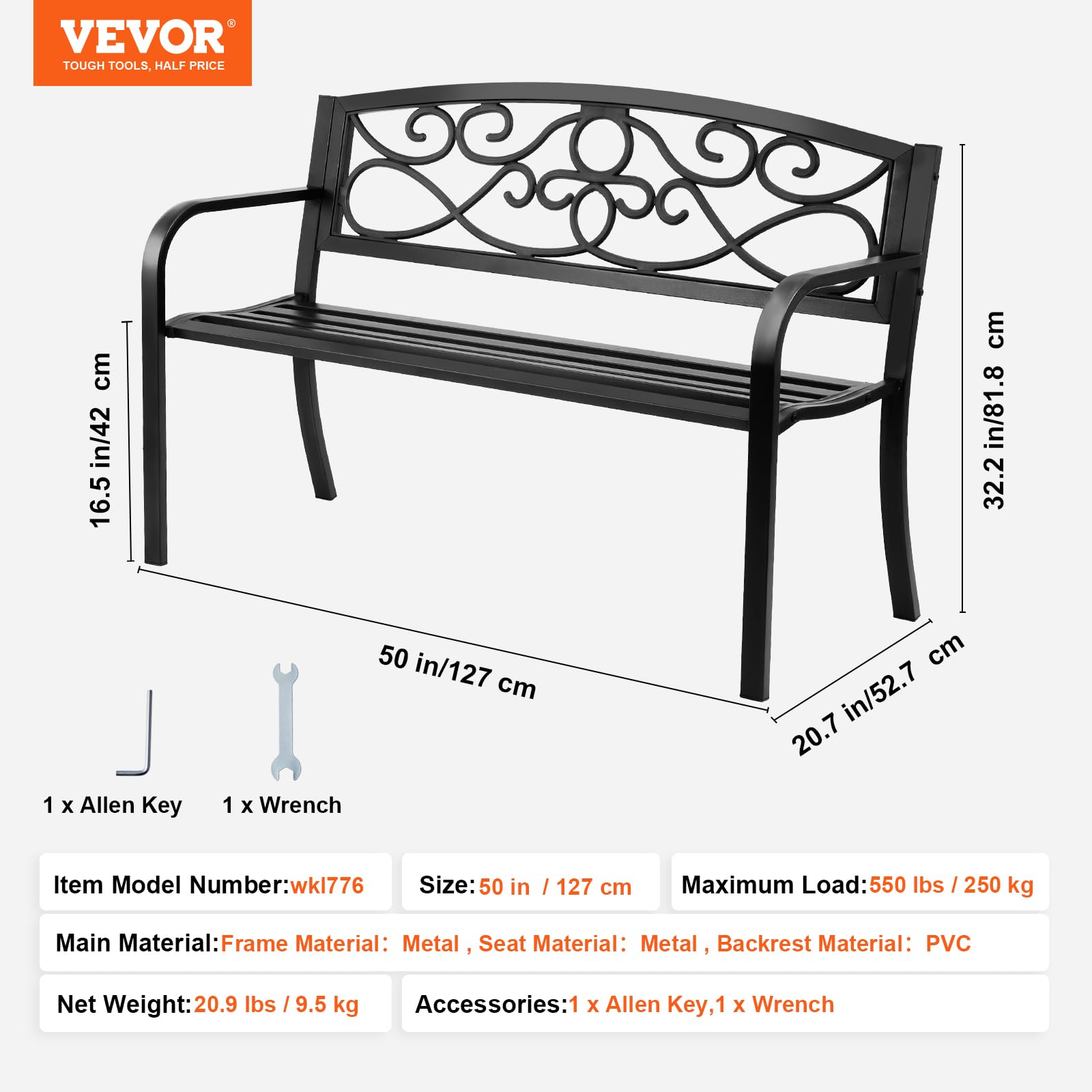 VEVOR Banc d'extérieur, 52,7 x 127 x 81,8 cm, Banquette de Jardin en métal pour l'extérieur, jusqu'à 250 kg de Charge, Banc de Jardin avec Dossier et accoudoirs, mobilier de terrasse, pour Parc, Cour