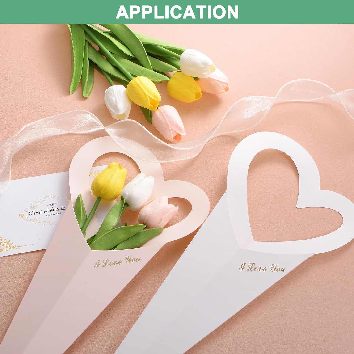 M METERXITY 20-Pack Flower Sleeve Love Heart Floral Bouquet Bags, Single Flower Paper Sleeves for Packaging Wrapping Gift/Flower Arrangement, Flower Bouquet Bags [Pink]
