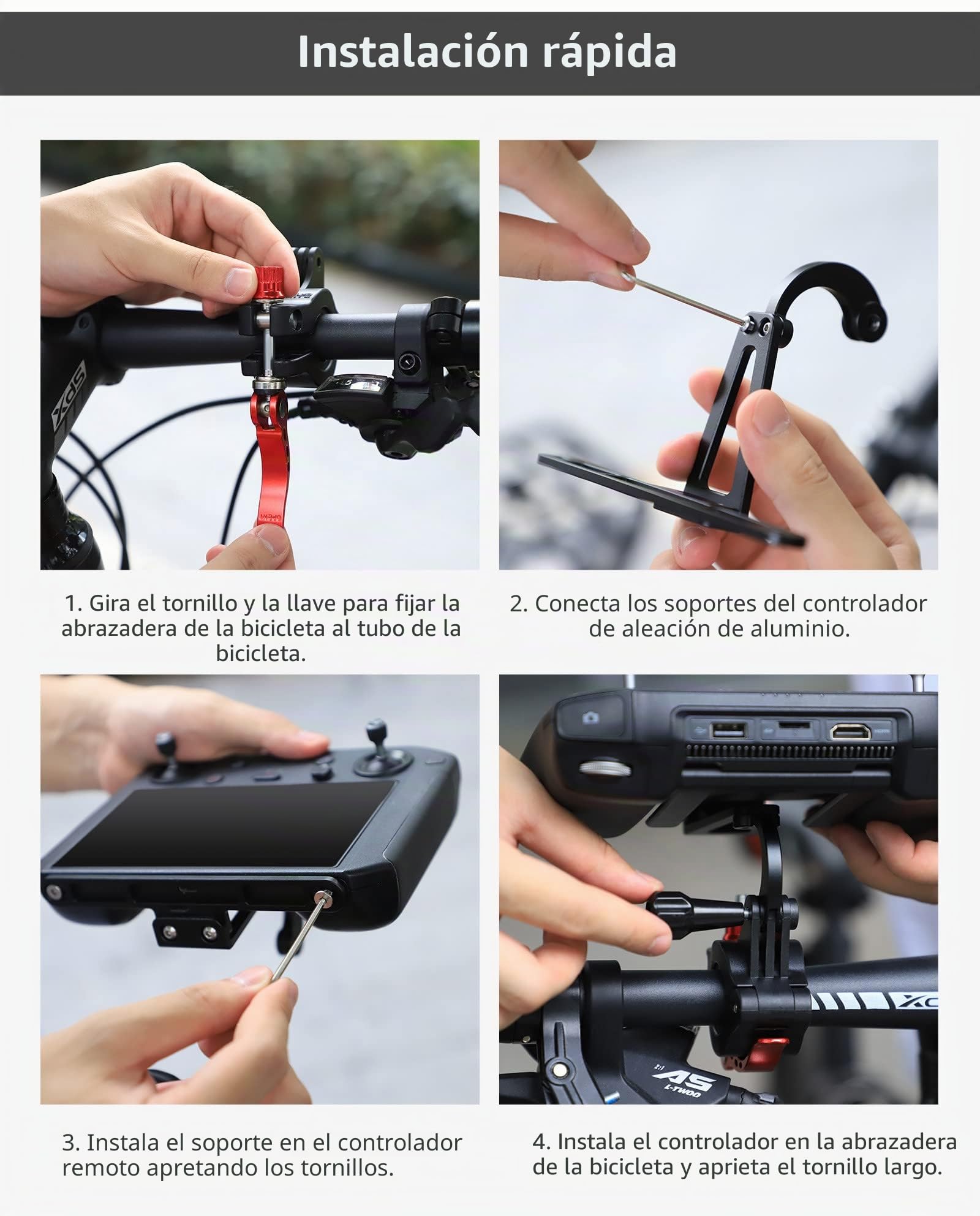 Soporte de manillar compatible con RC PRO/DJI con control remoto de pantalla, soporte de montaje de bicicleta para controlador de drones Clip de abrazadera de cámara de motocicleta